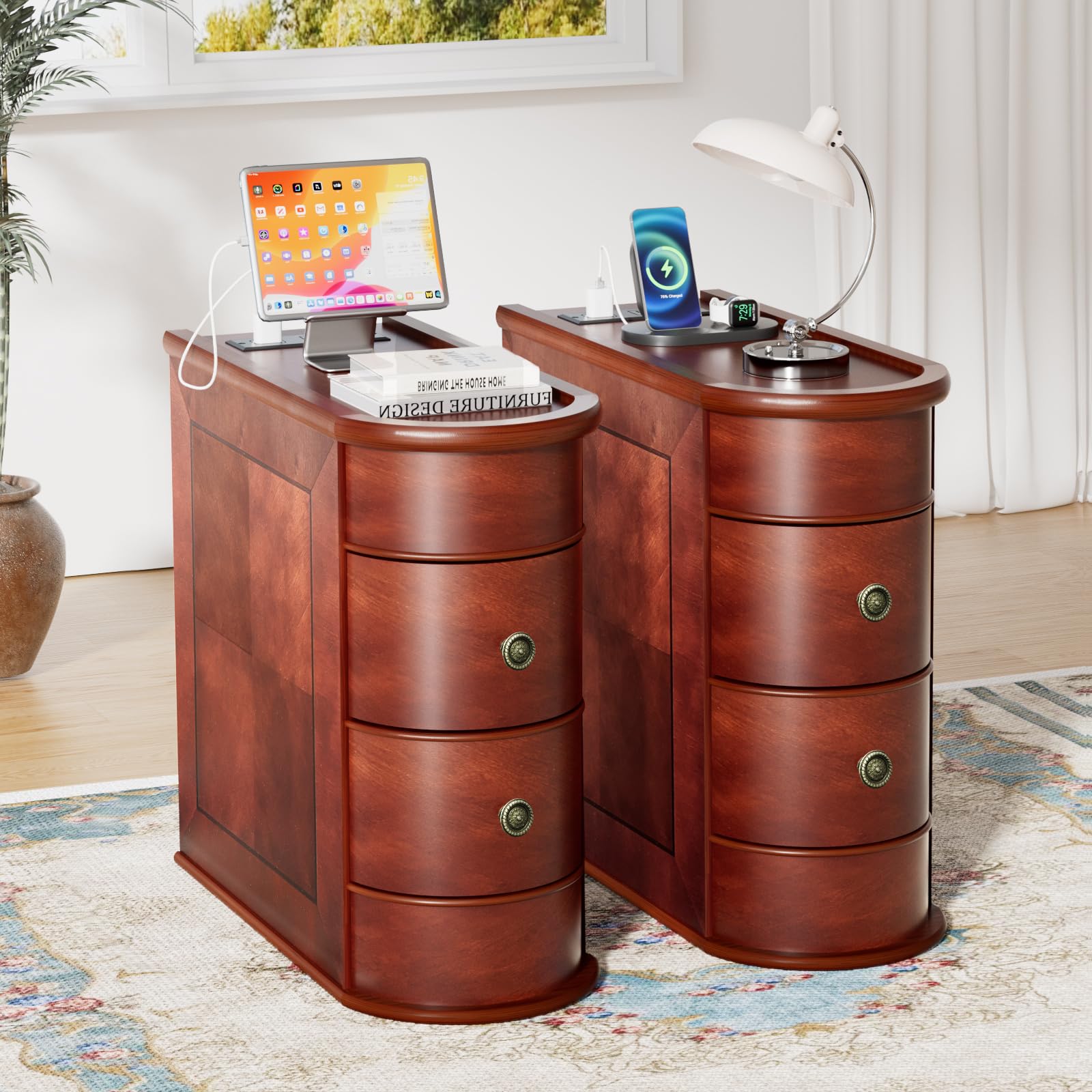 Solid Wood Narrow End Table, Fully Assembled Side Table Living Room | Slim Side Table with 2 Drawers, Vintage Small Nightstand for Bedside Bedroom Small Spaces, Finished Back