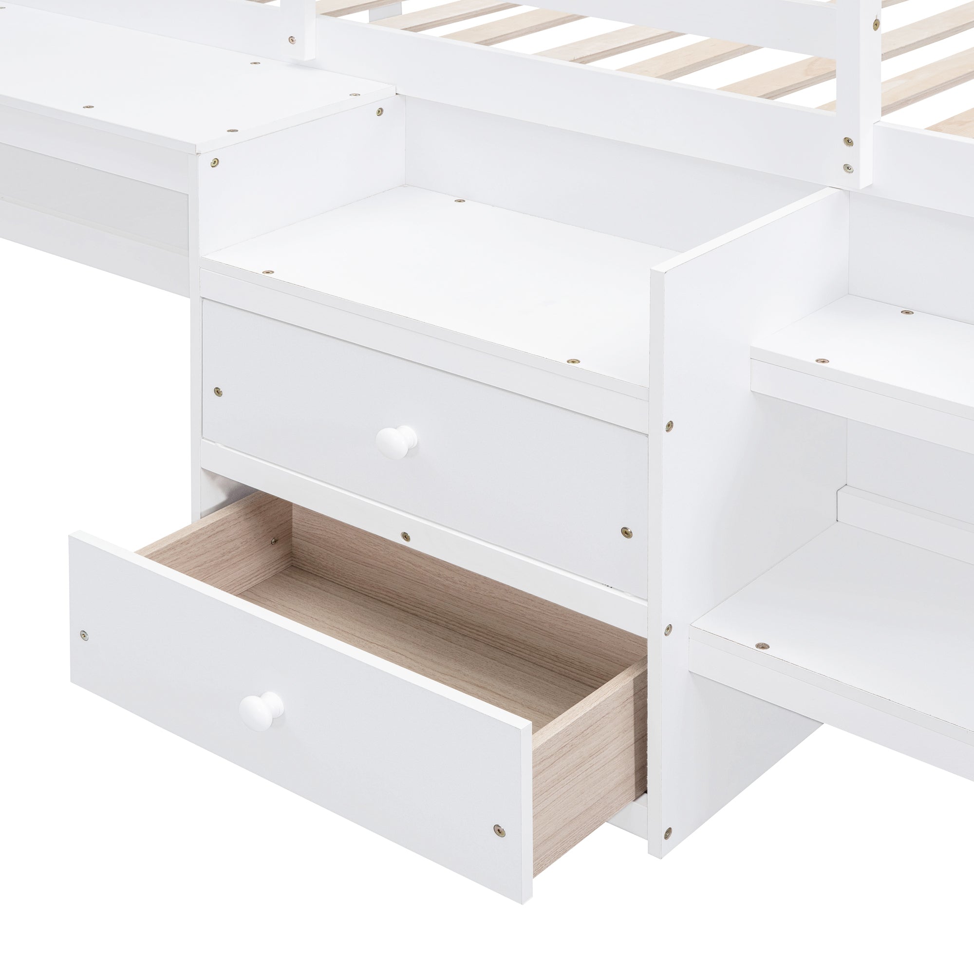 Twin Size Loft Bed with Desk and Drawers, Wooden Loft Bed with Lateral Portable Desk, White
