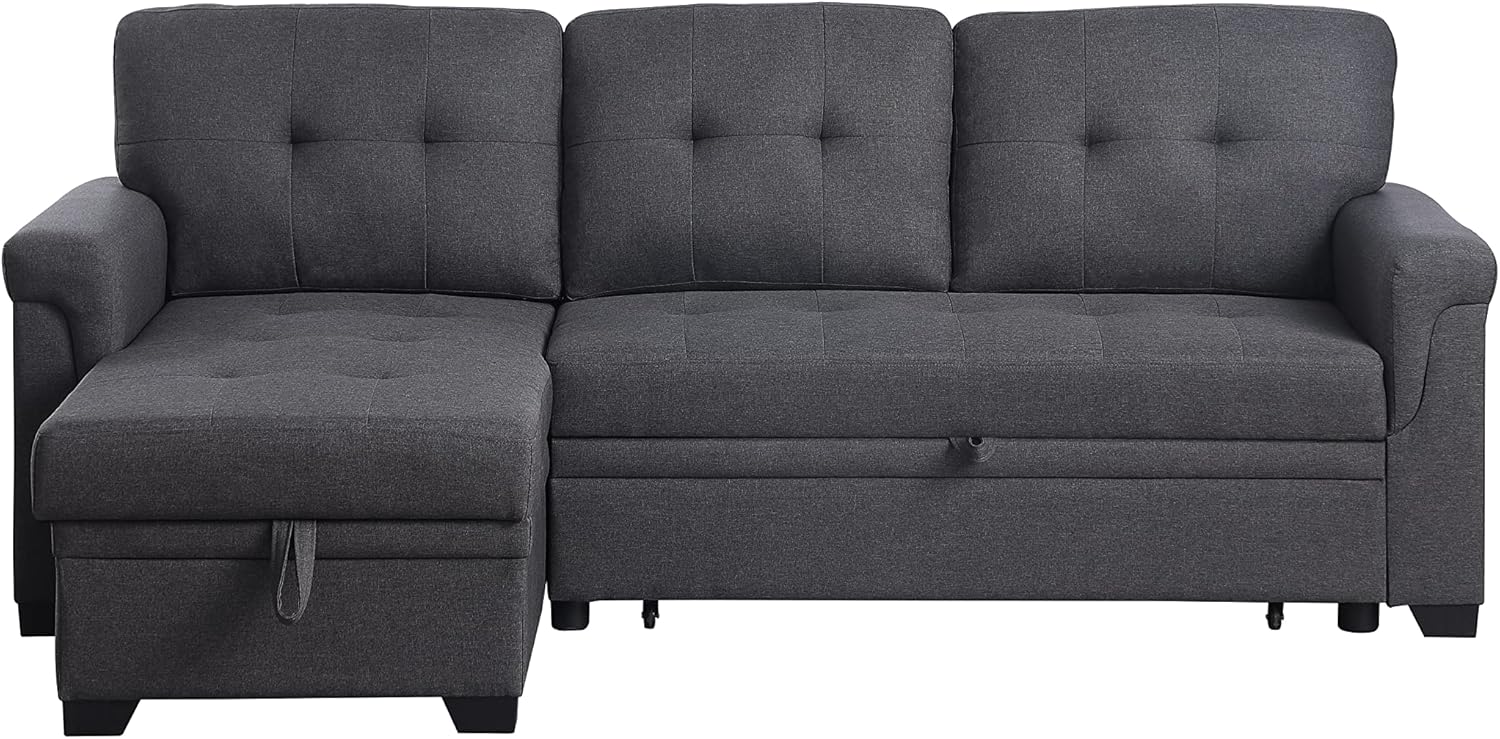 FurniFusion L-Shape Reversible Linen Fabric Sleeper Sectional Sofa with Storage Chaise