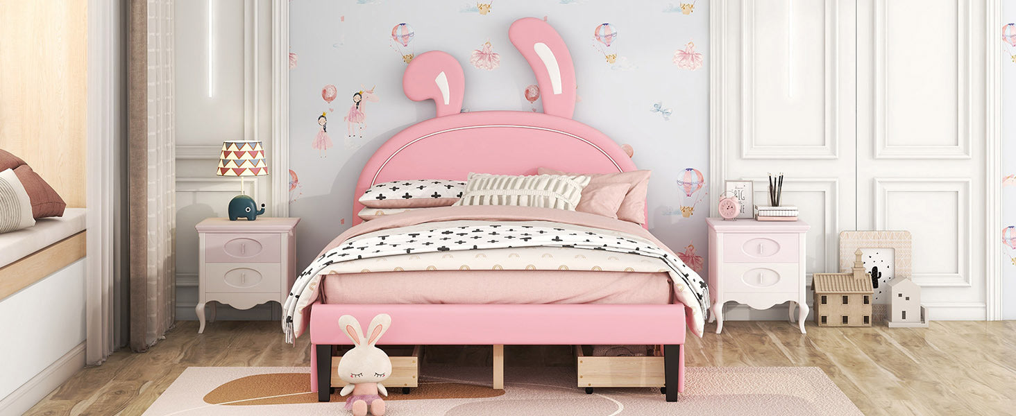 Full Size Upholstered Leather Platform Bed with Rabbit Ornament and 4 Drawers, Pink