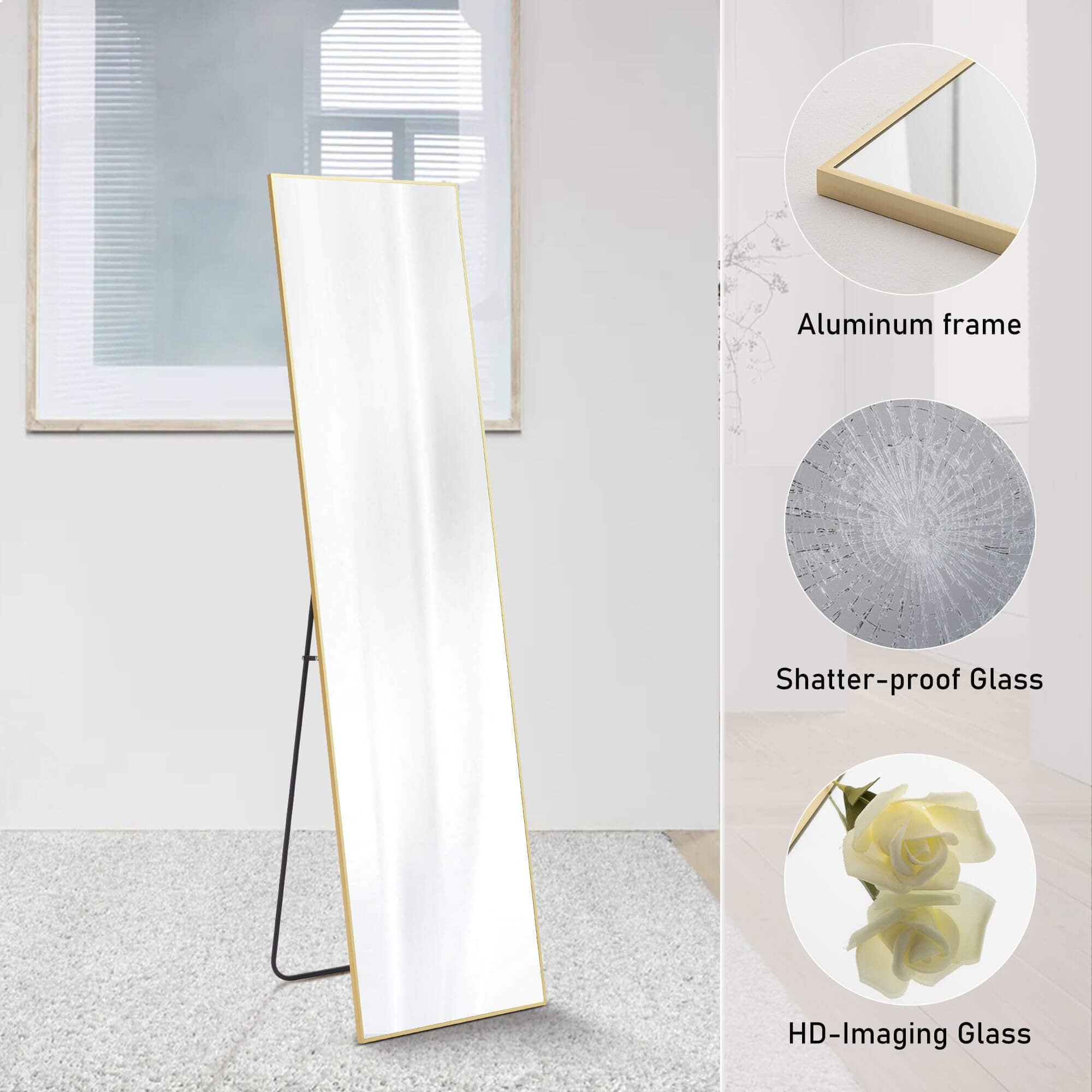 Floor Standing Mirror, Wall Mirror with Stand Aluminum Alloy Thin Frame,30''*71'',Gold-rect