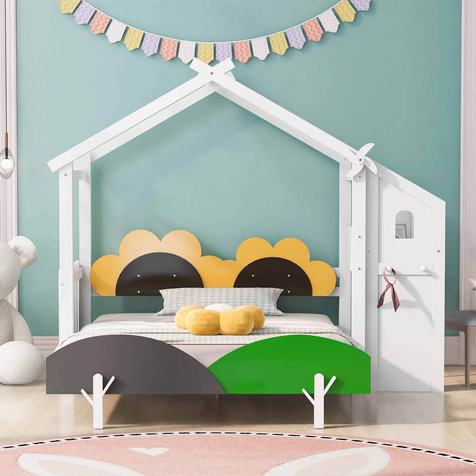 Full Size Platform Bed with Windmill and Flower Decor, House Bed with Desk and two hooks, White