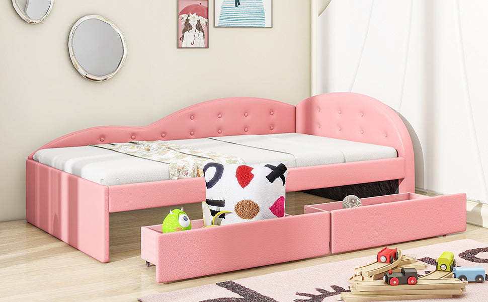 Twin Size PU Upholstered Tufted Daybed with Two Drawers and Cloud Shaped Guardrail, Pink
