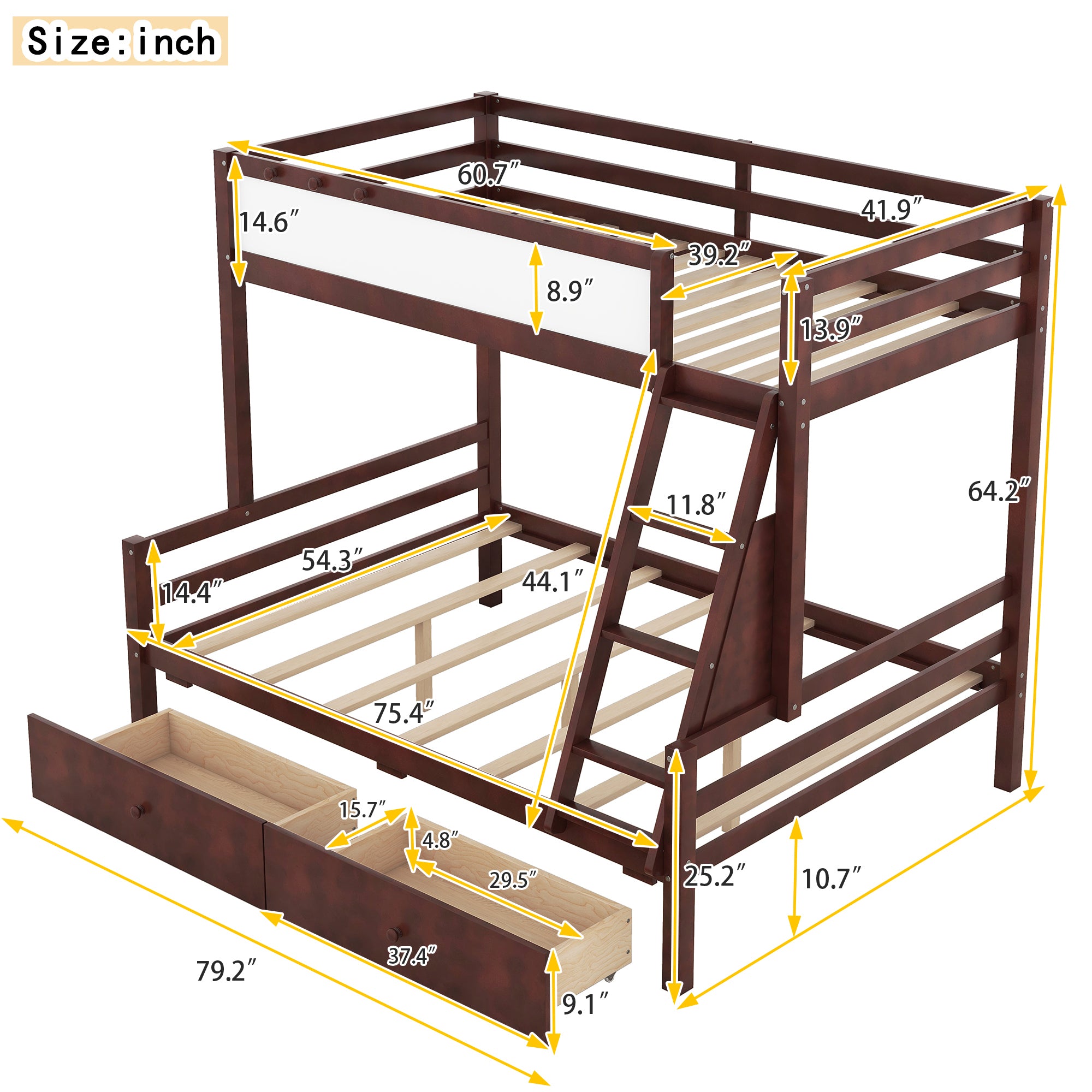 Wood Twin over Full Bunk Bed with Whiteboard, 3 Hooks and 2 Drawers, Espresso