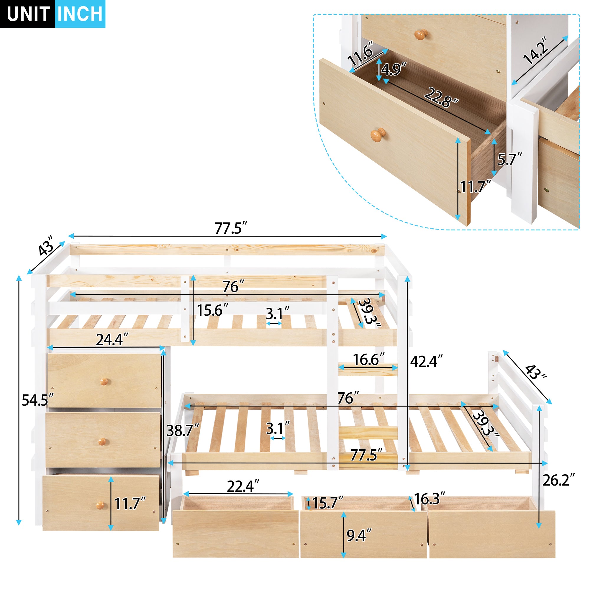Twin over Twin Loft Bunk Bed with Drawers and Ladder, Natural