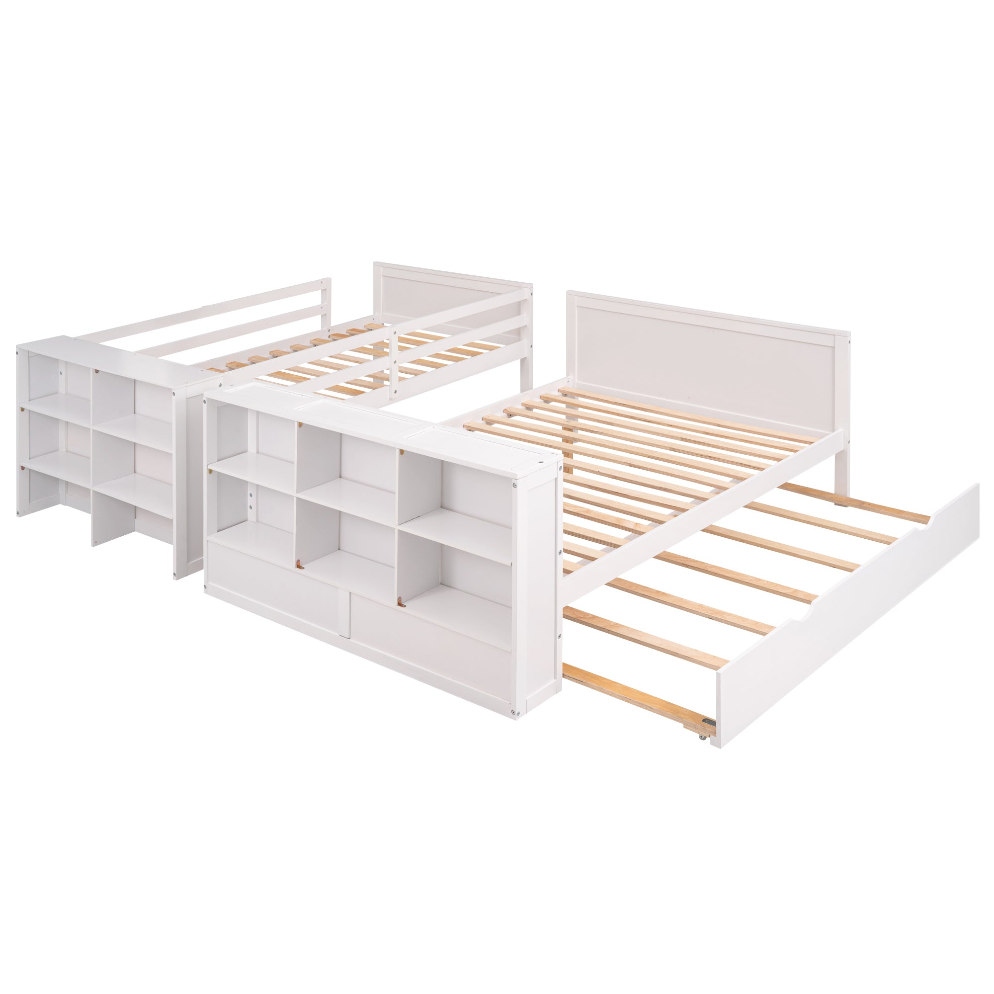 Twin over Full Bunk Bed with Trundle and Shelves, can be Separated into Three Separate Platform Beds, White