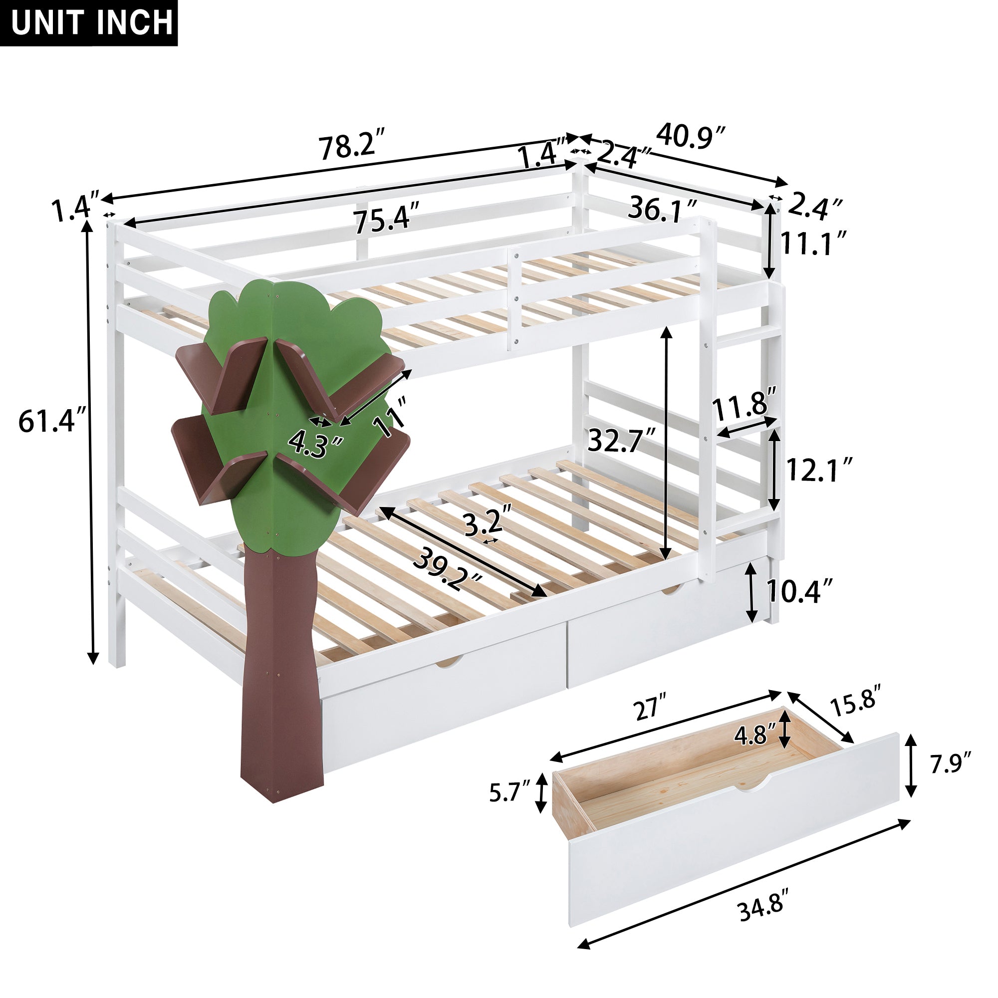 Twin-Over-Twin Bunk Bed with a Tree Decor and Two Storage Drawers, White
