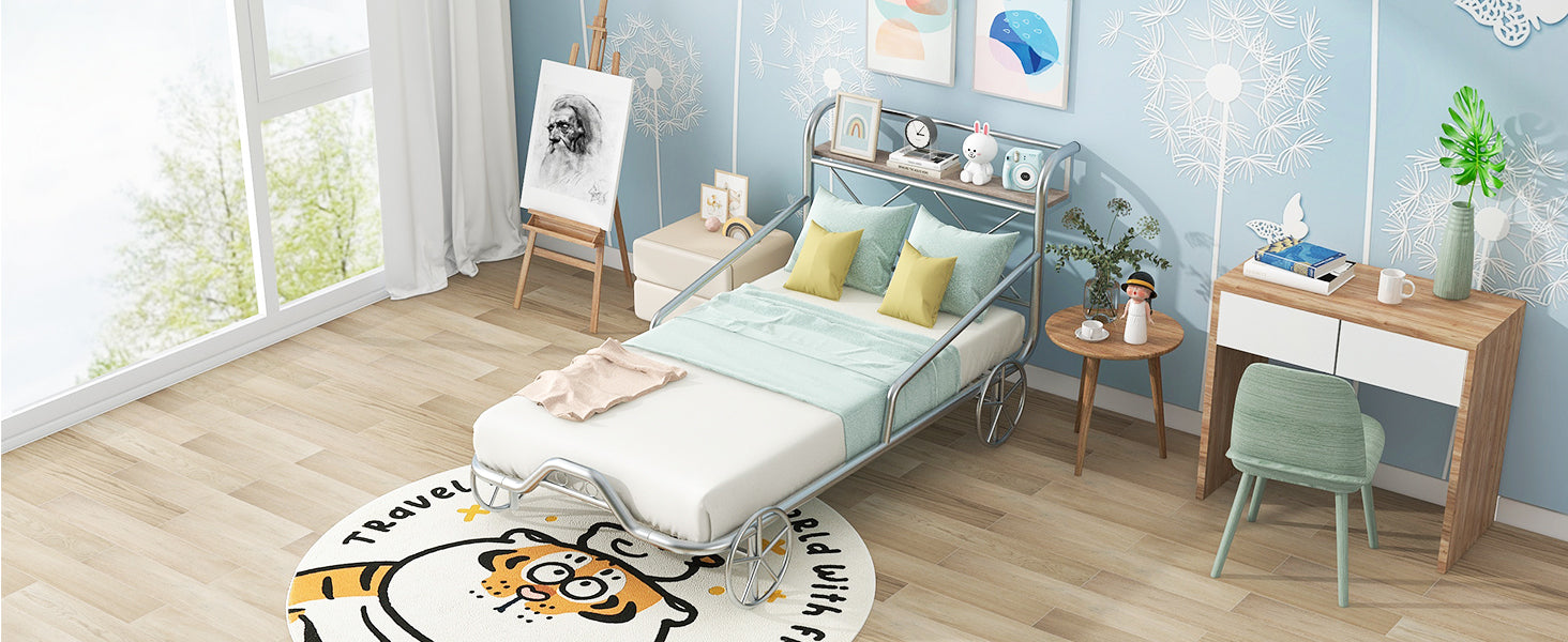 Twin Size Metal Car Bed with Four Wheels, Guardrails and X-Shaped Frame Shelf, Silver(Old SKU: MF297599AAN)