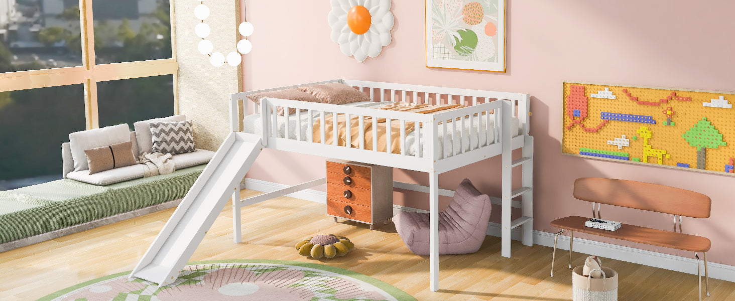Full Size Low Loft Bed with Ladder and Slide,White