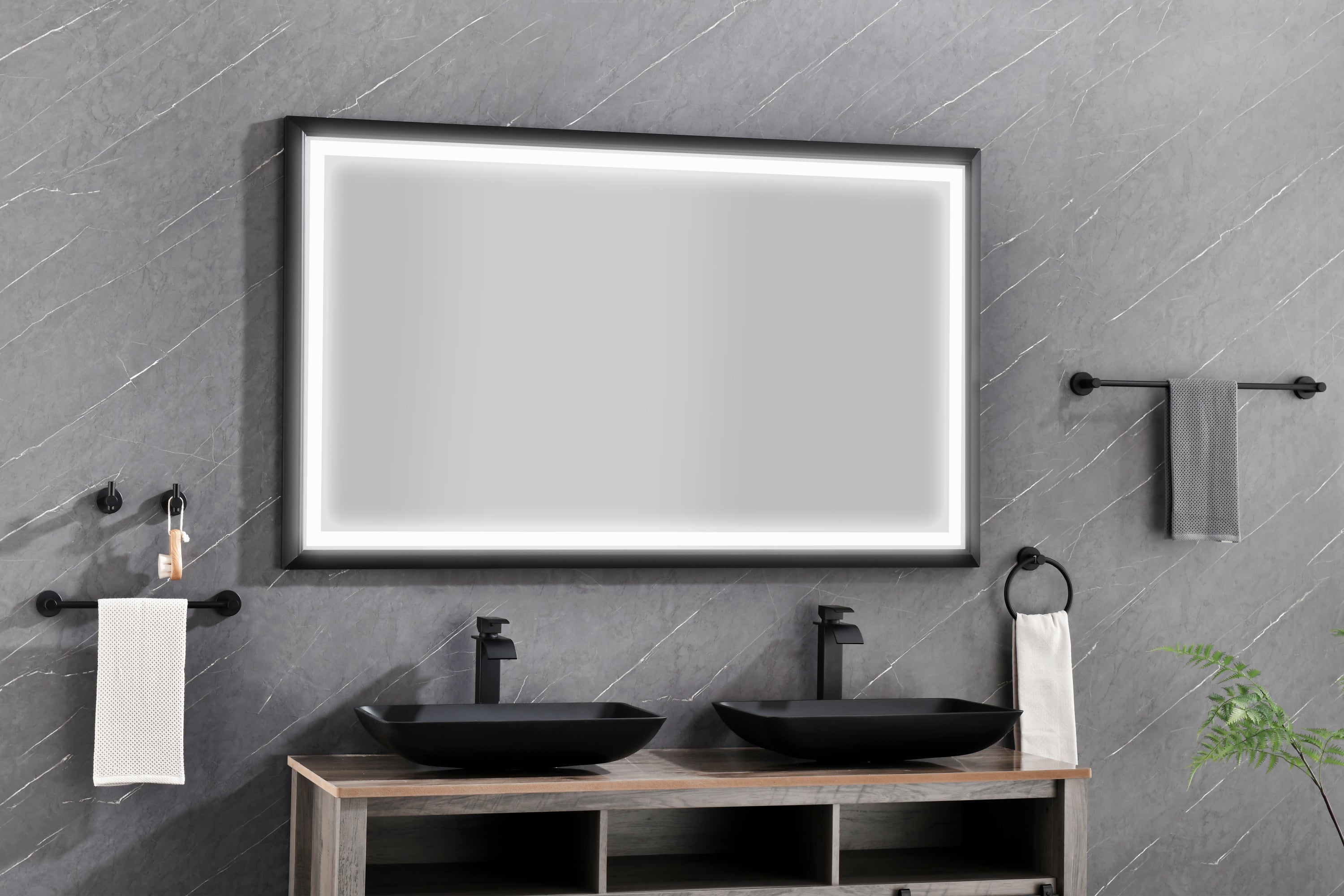 bathroom led mirror is multi-functional and each function is controlled by a smart touch button.