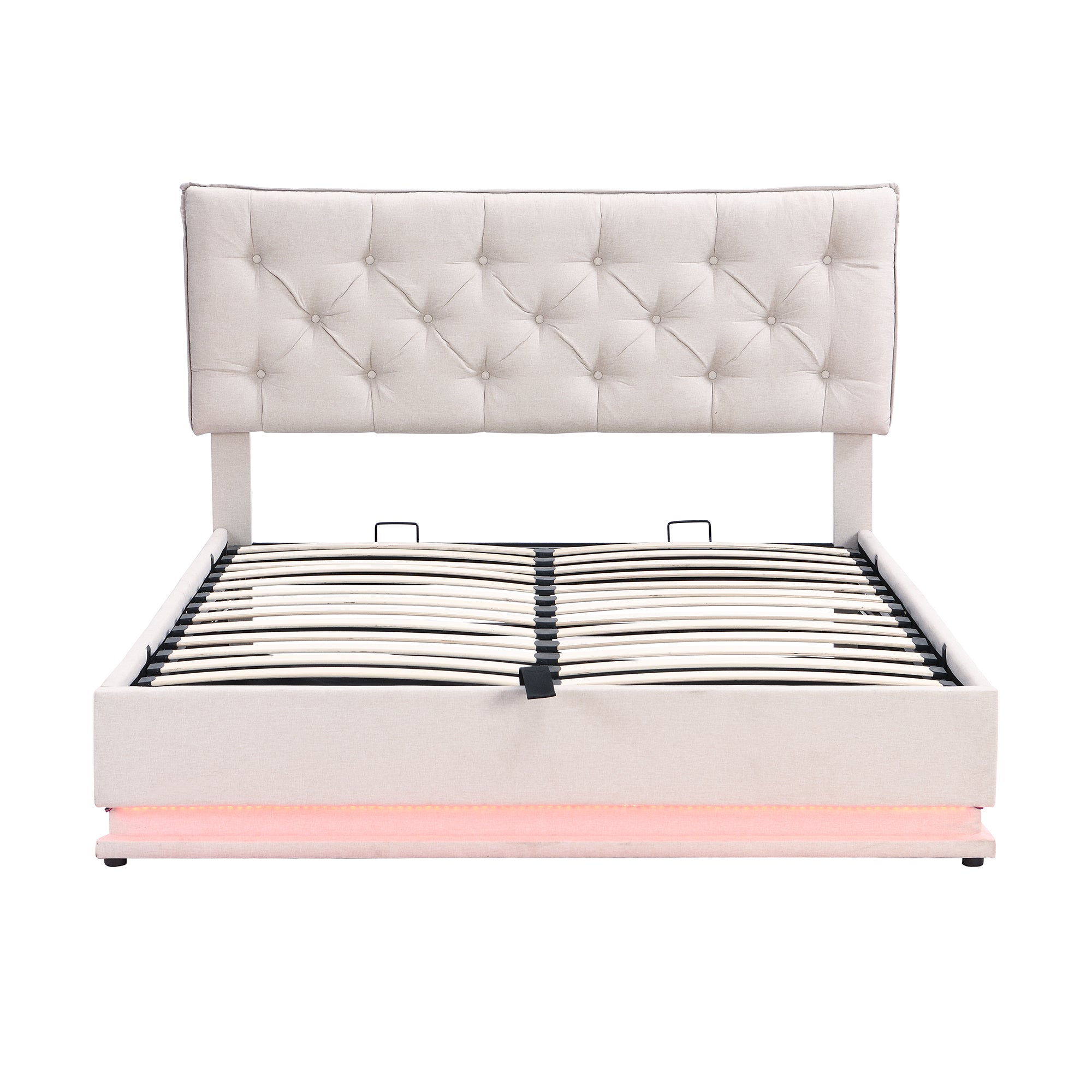 Queen Size Upholstered Bed with Hydraulic Storage System and LED Light, Modern Platform Bed with Button-tufted Design Headboard, Beige