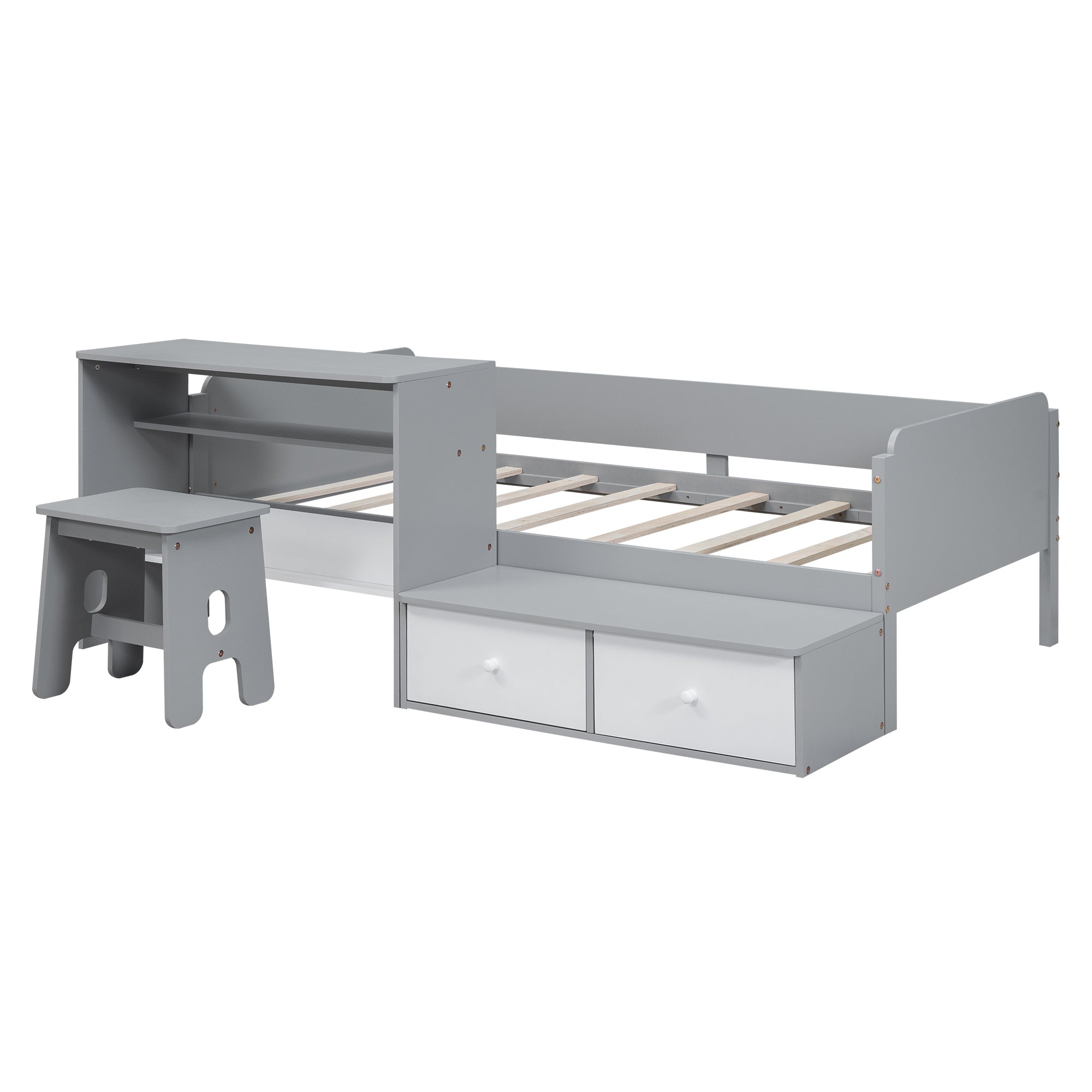 Wood Twin Size Platform Bed with 2 Drawers and 1 Chair&Desk Set, Gray+White(Expected Arrival Time: 11.22)