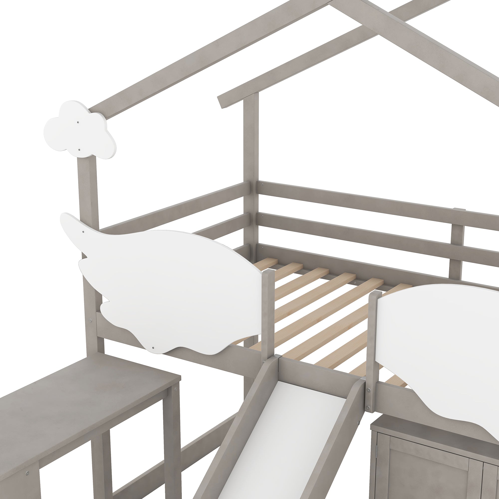 Twin Size House Bed with Wardrobe, Slide and Ladder, Wing-Shaped Fence, Pullable Desk with Storage, Worn Gray+White