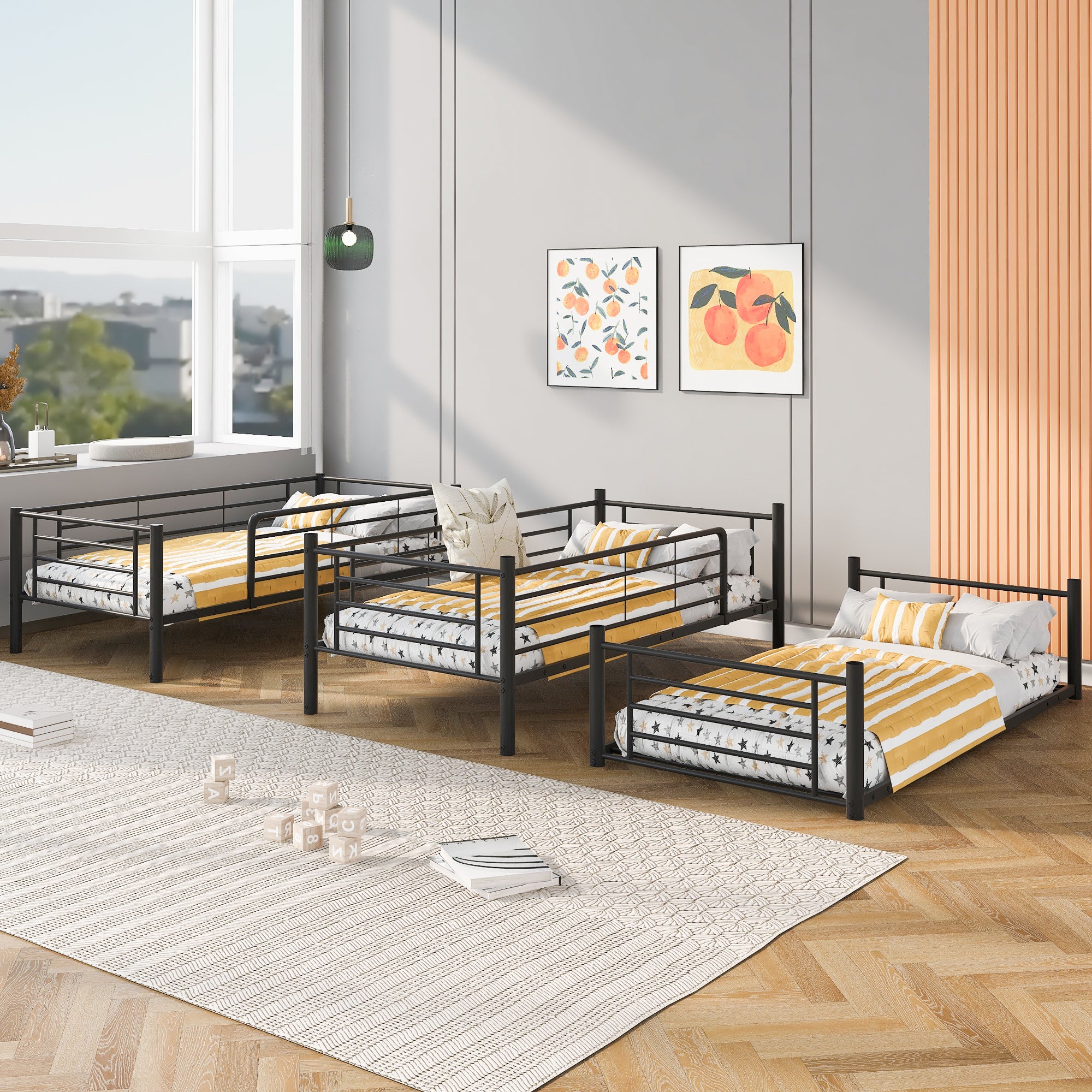 Twin-Twin-Twin Triple Bed with Built-in Ladder, Divided into Three Separate Beds,Black(OLD SKU:LP000197AAB)