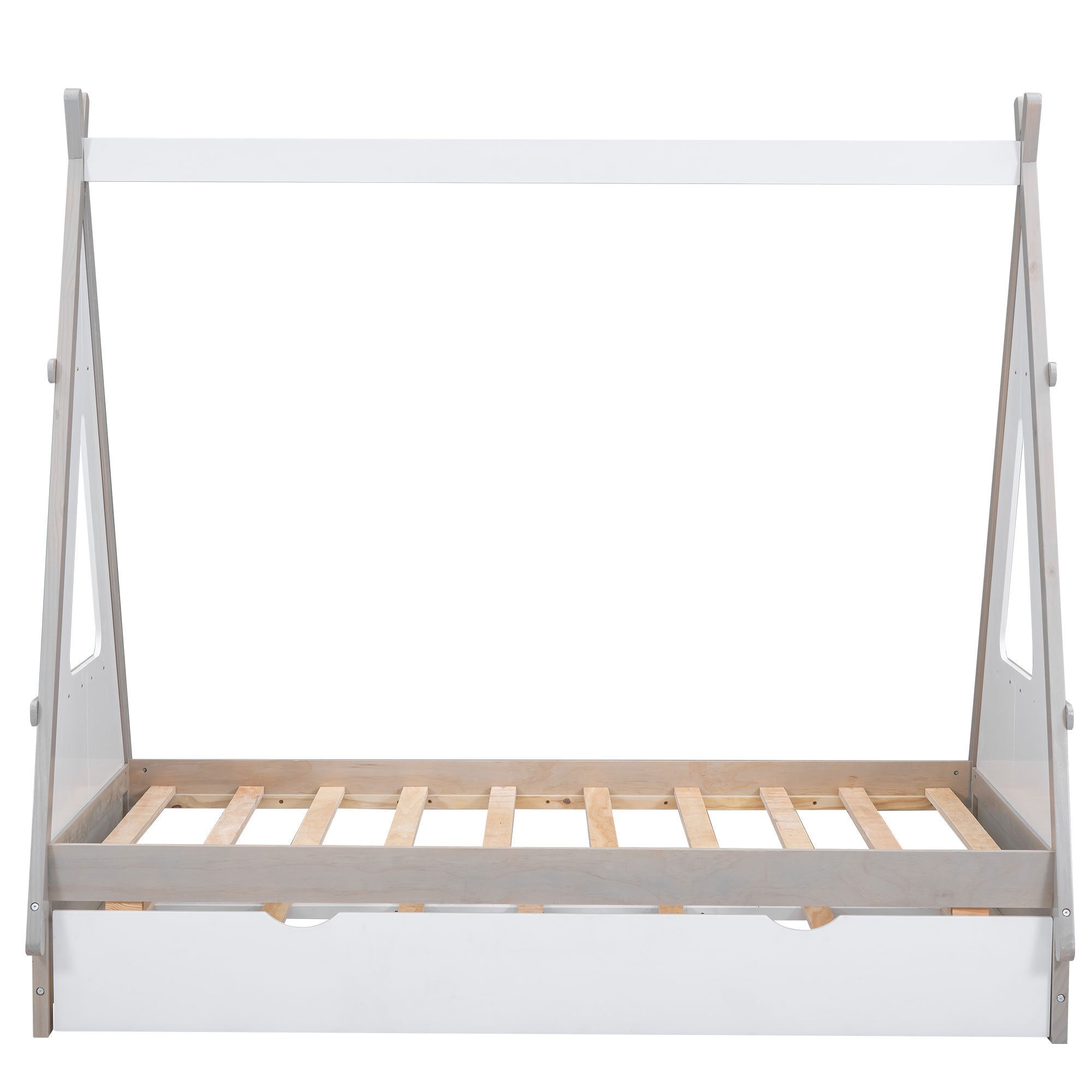 Twin Size Tent Floor Bed with Pull-out Twin Size Trundle, White
