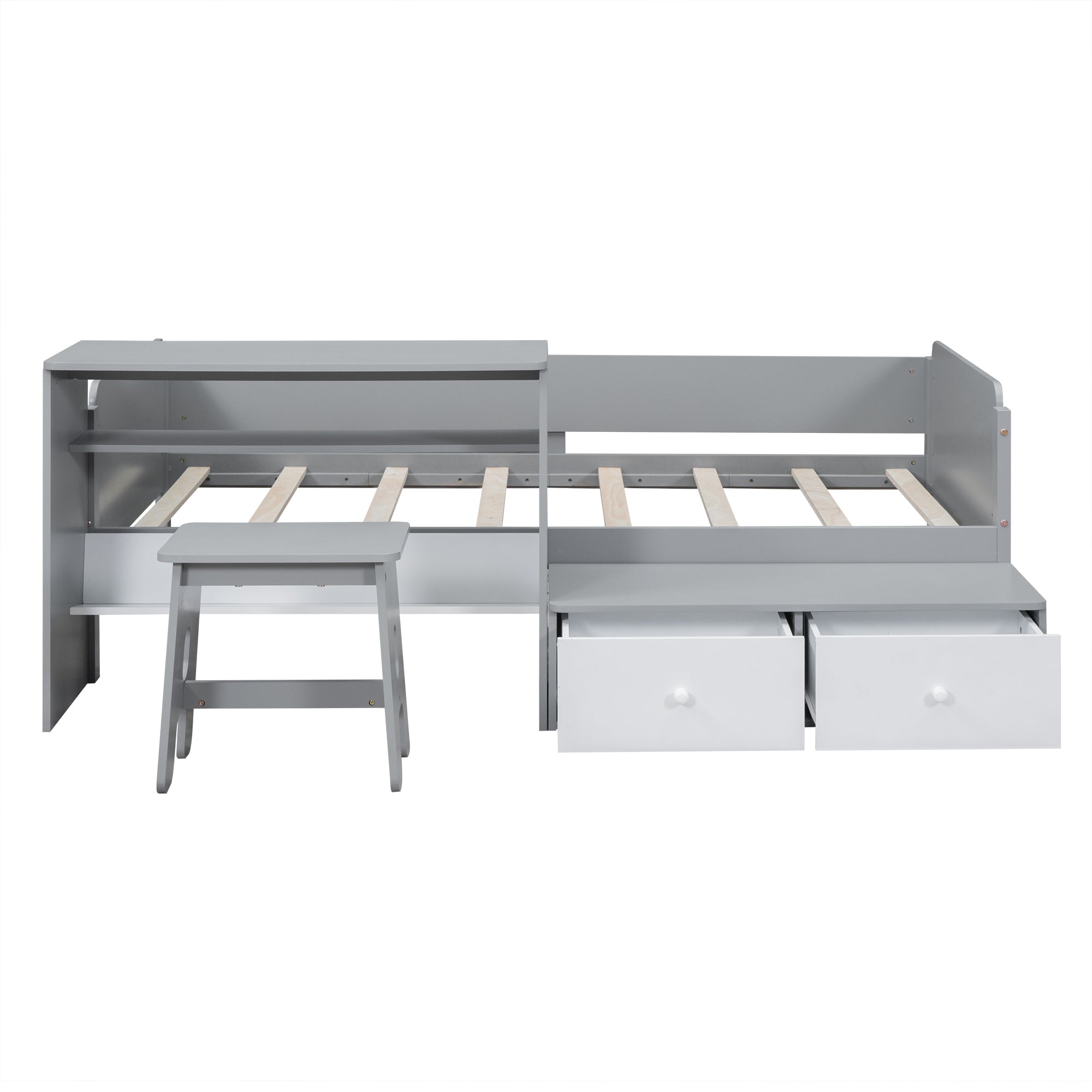 Wood Twin Size Platform Bed with 2 Drawers and 1 Chair&Desk Set, Gray+White(Expected Arrival Time: 11.22)