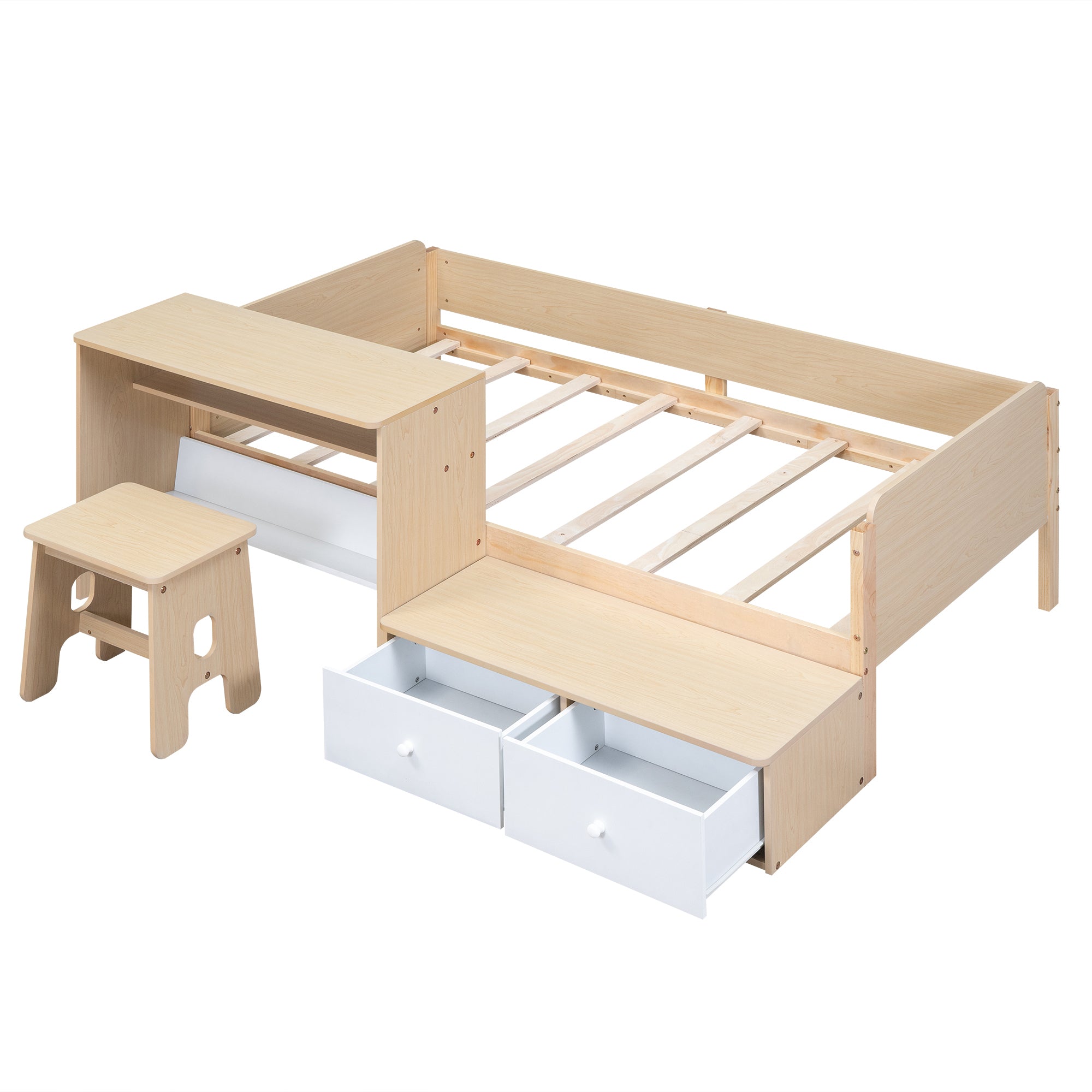 Wood Twin Size Platform Bed with 2 Drawers and 1 Chair&Desk Set, Natural+White(Expected Arrival Time: 11.22)