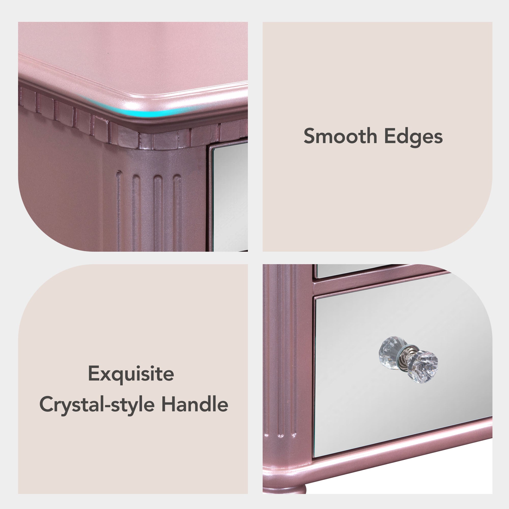 43" Dressing Table Set with Mirrored Drawers and Stool, Tri-fold Mirror, Makeup Vanity Set for Bedroom, Rose Gold