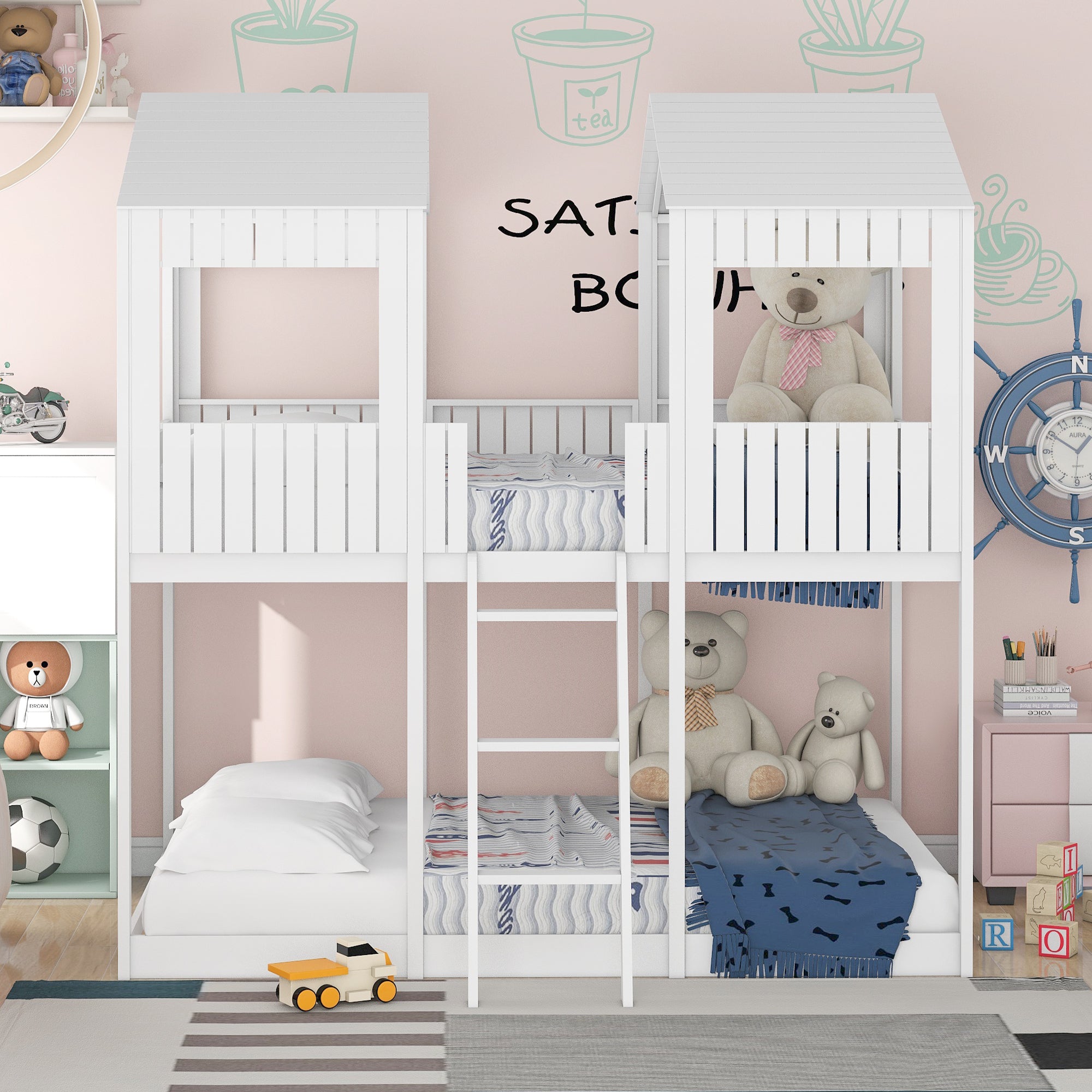 Full Over Full WoodBunk Bed with Roof, Window, Guardrail, Ladder(White)( old sku: LT000031AAK )