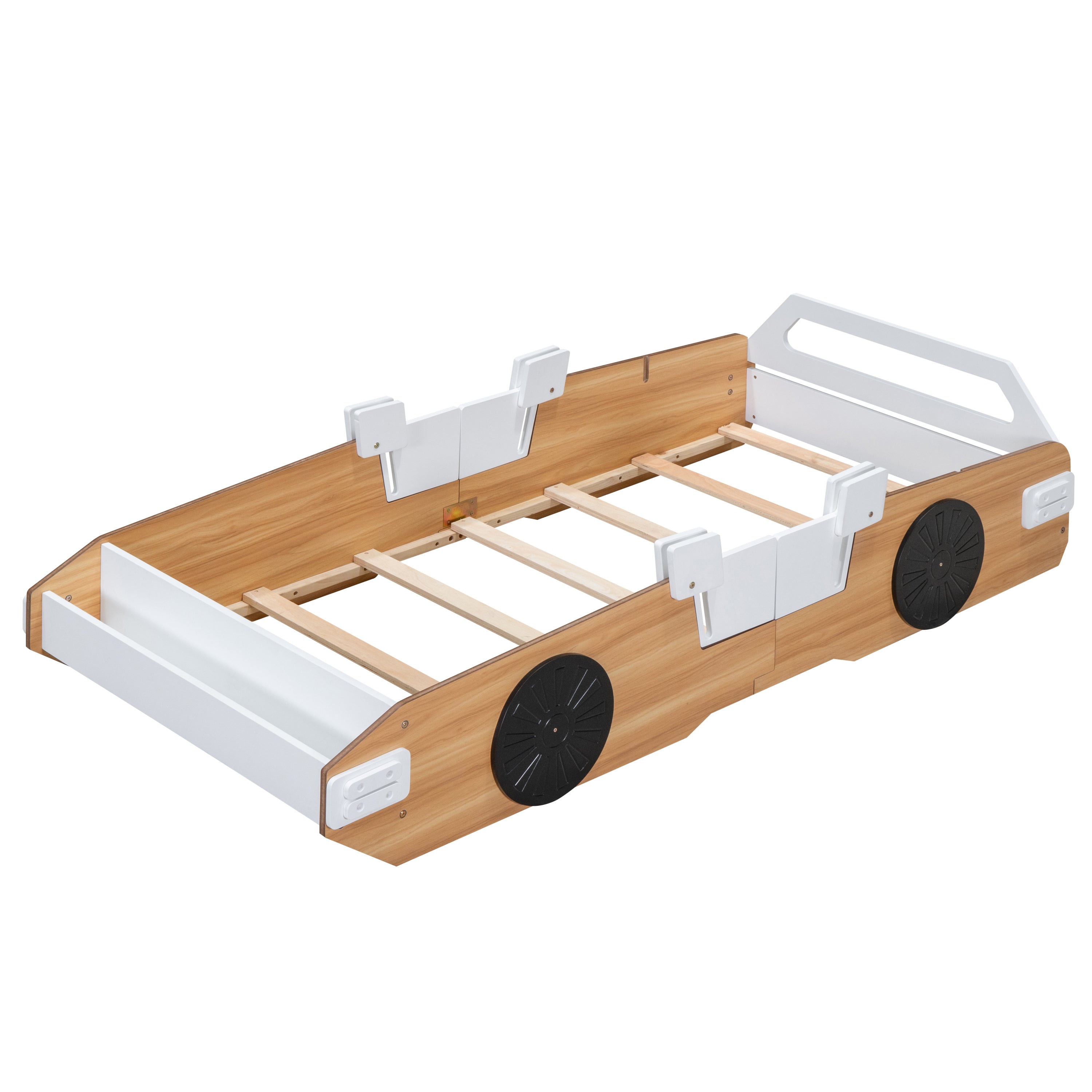 Wood Twin Size Racing Car Bed with Door Design and Storage, Natural+White+Black