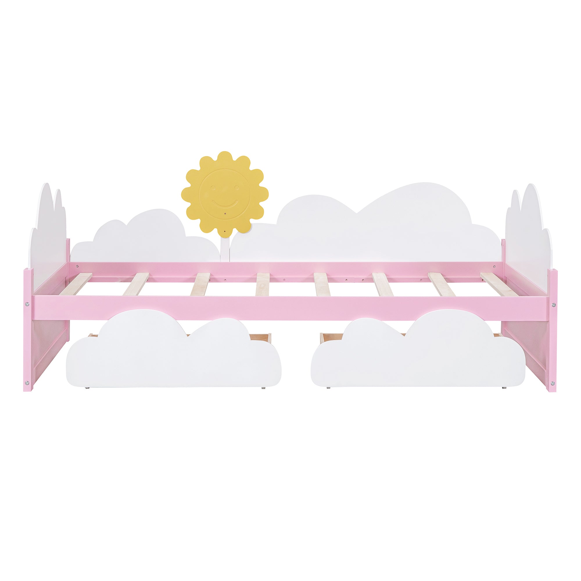 Twin Size Bed with Clouds and Sun Decor, Platform Bed with 2 Drawers (White+Pink)
