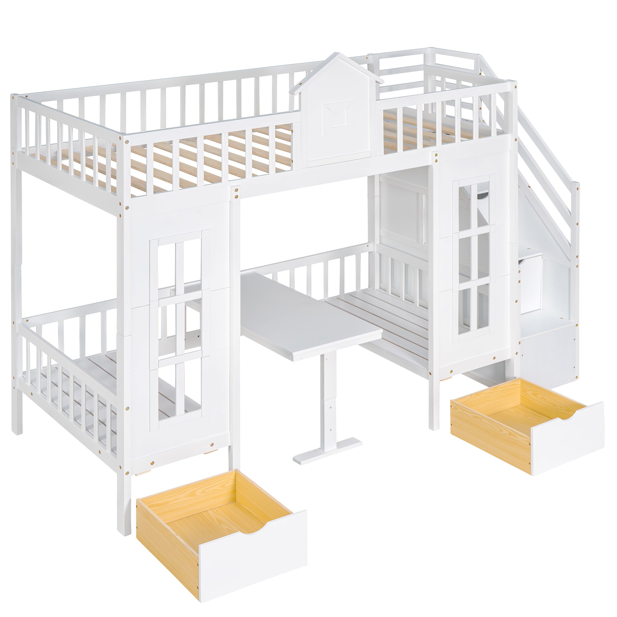 Twin-Over-Twin Bunk Bed with Changeable Table , Bunk Bed Turn into Upper Bed and Down Desk with 2 Drawers - White
