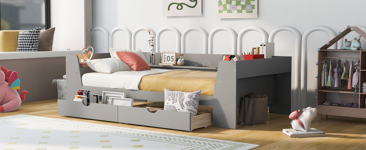 Twin Size Daybed with Shelves, Drawers and Built-In Charging Station, Gray