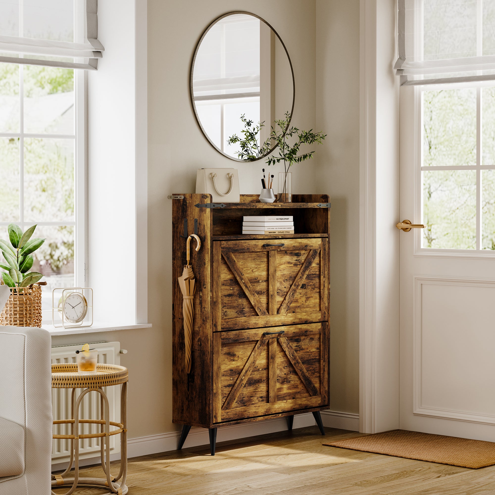 Farmhouse Shoe Rack, Freestanding Shoe Cabinet with 2 Flip Drawers for Entryway