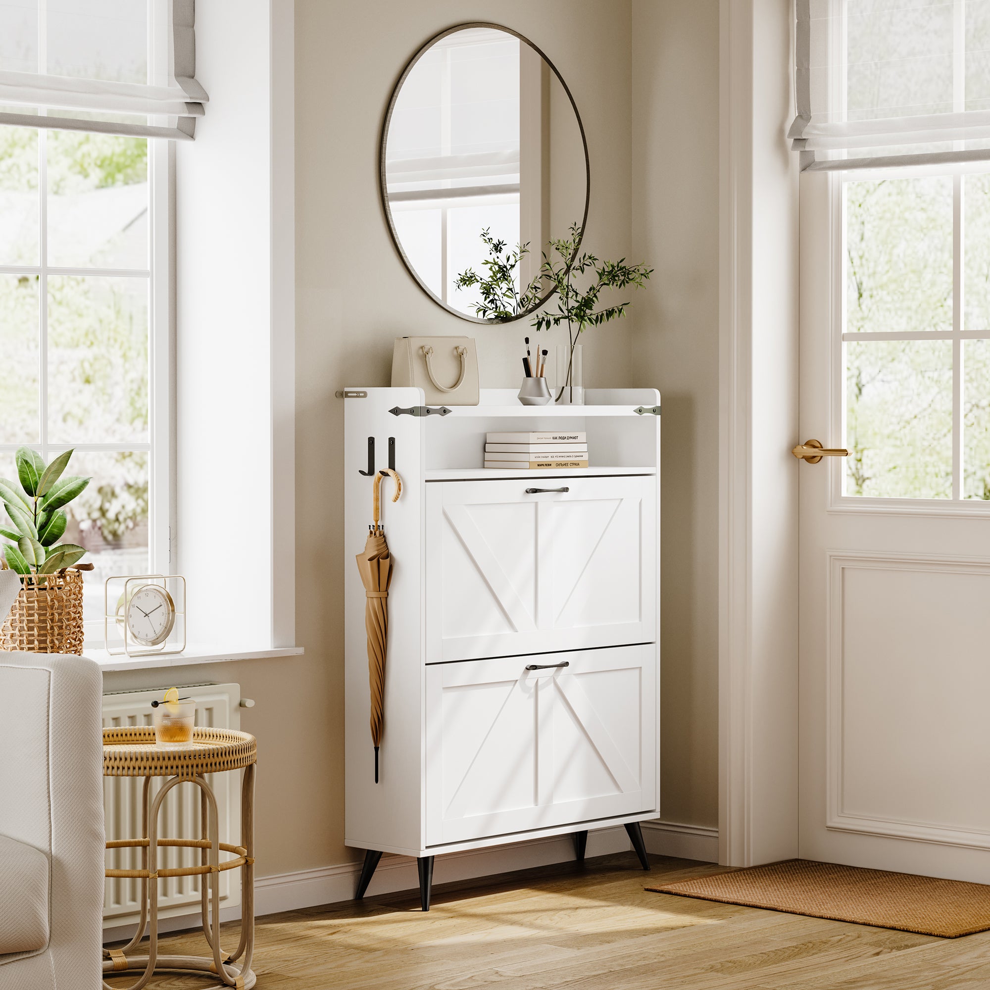 Farmhouse Shoe Rack, Freestanding Shoe Cabinet with 2 Flip Drawers for Entryway