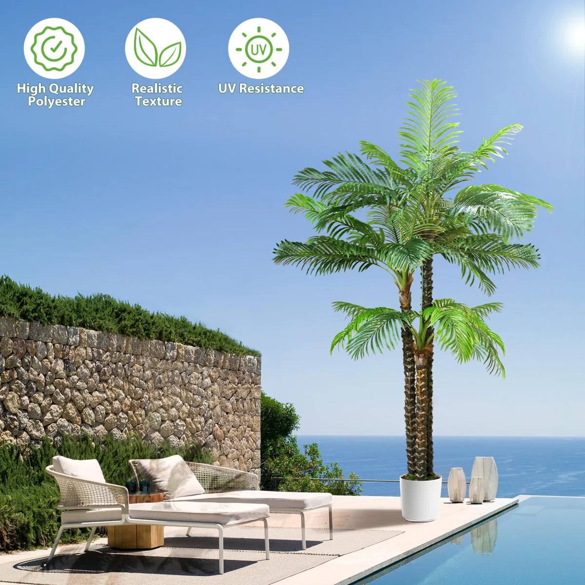 8FT Artificial Palm Tree For Outdoors Triple Tropical Phoenix Palm UV Resistant Fake Palm Plants