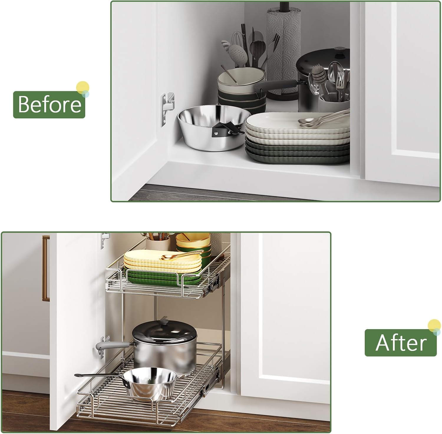 2 Tier Individual Pull Out Cabinet Organizer 13½" W x 21½" D, Heavy Duty Cabinet Pull Out Shelves