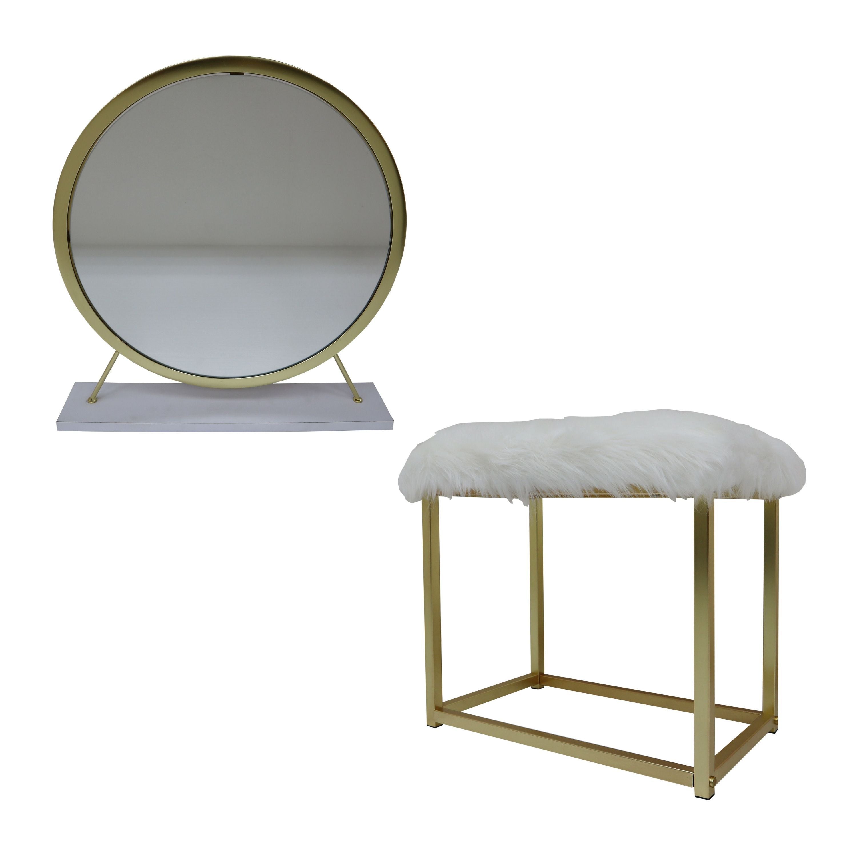 Vanity Mirror & Stool in Faux Fur, Mirror, White & Brass Finish AC00932