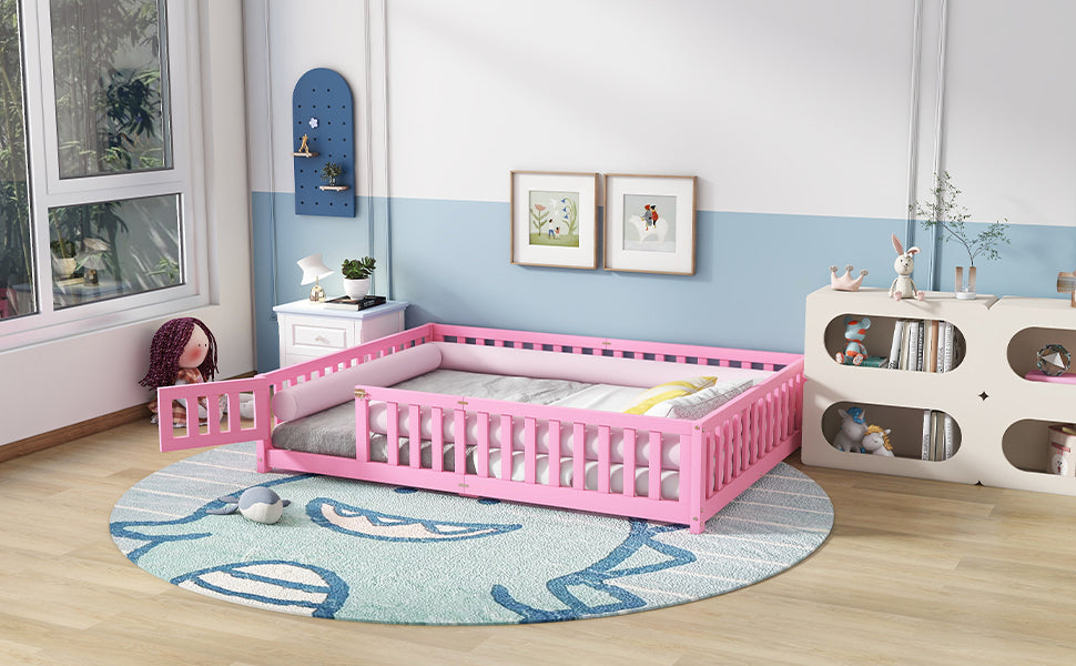 Queen Size Bed Floor Bed with Safety Guardrails and Door for Kids, Pink (Expect Arrival Date Nov.2nd)