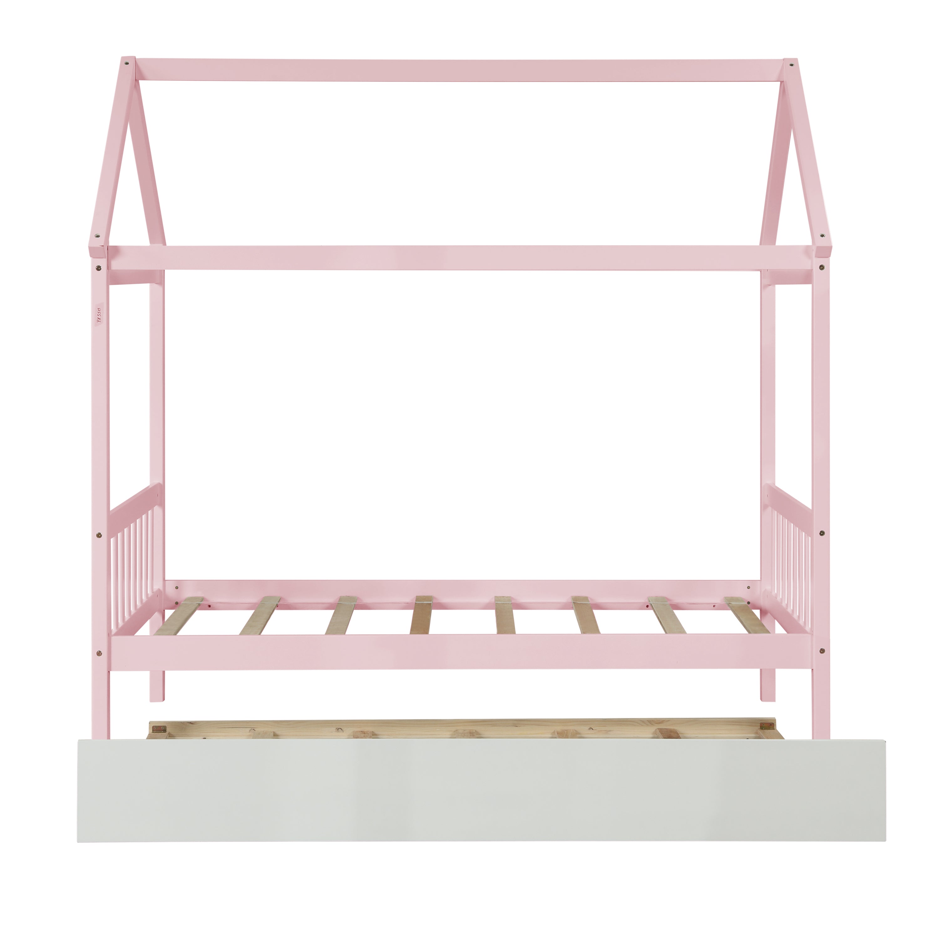 Solid Wood Twin House Bed Frame with Twin Size Trundle For Warm Pink Color, No Box Spring Needed
