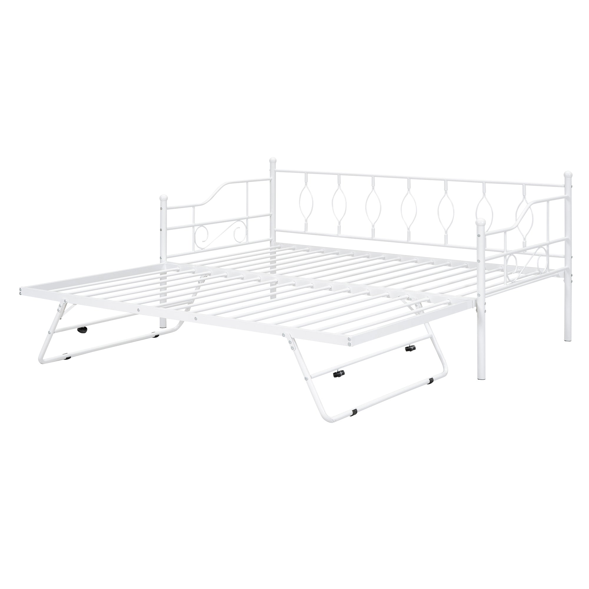 Twin Size Metal Daybed with Twin Size Adjustable Trundle, Portable Folding Trundle, White