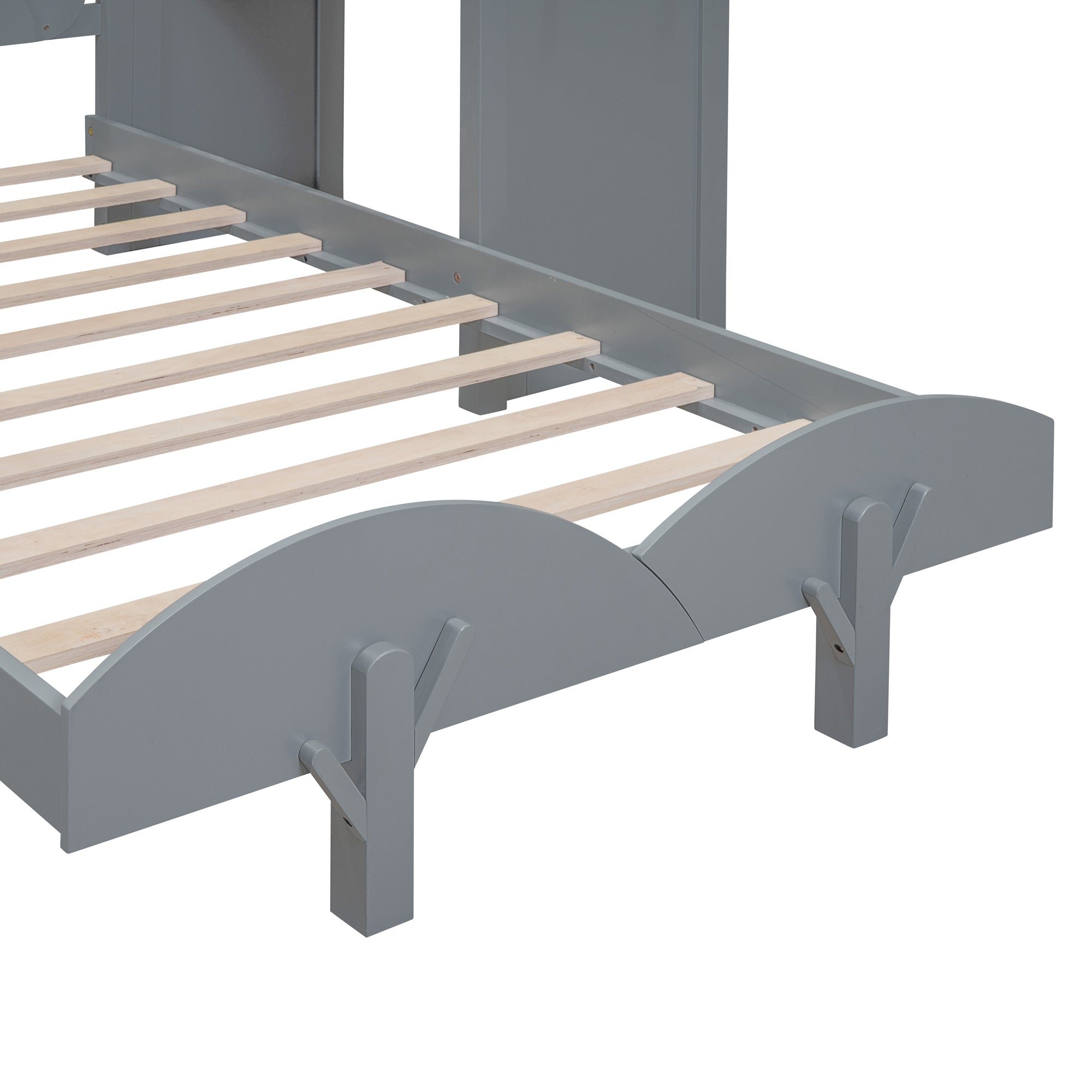 Twin Size Platform Bed with Windmill and Flower Decor, House Bed with Desk and two Handles, Gray