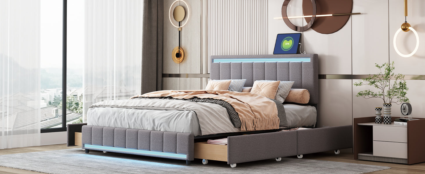 Queen Size Upholstered Bed with LED Light and 4 Drawers, Modern Platform Bed with a set of Sockets and USB Ports, Linen Fabric, Beige