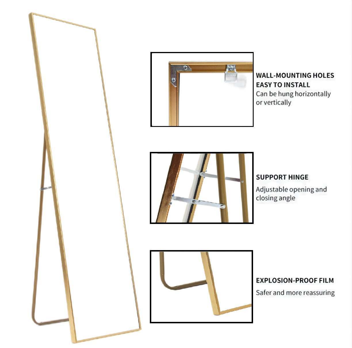 Full Length Mirror 65''x22'' Floor Mirror Full Body Mirror Rectangle Standing Mirror for Bedroom, Living Room, Gold