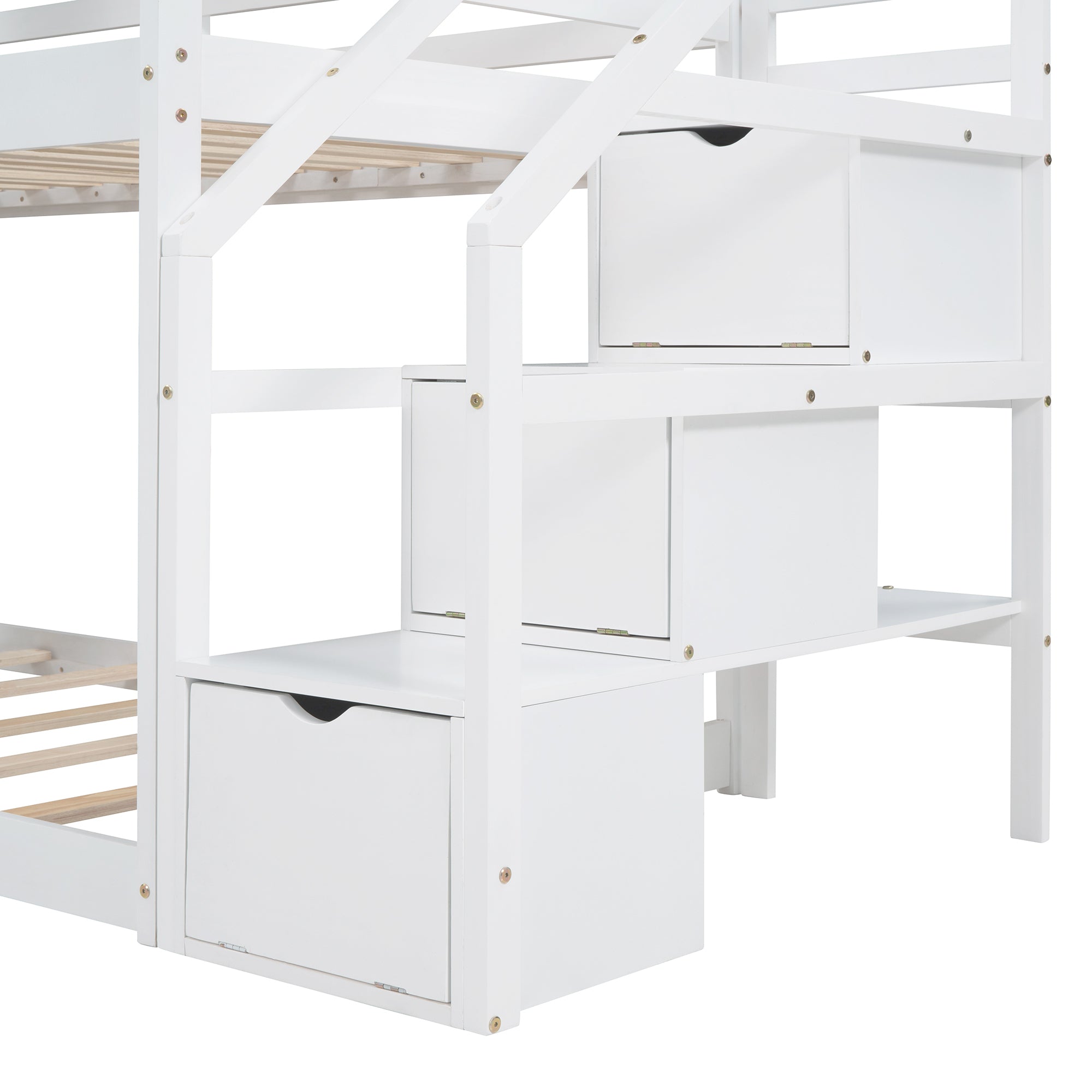 Twin Over Twin Bunk Bed with Storage Stairs,Wood Bed with Roof, Window, Guardrail, Ladder, White