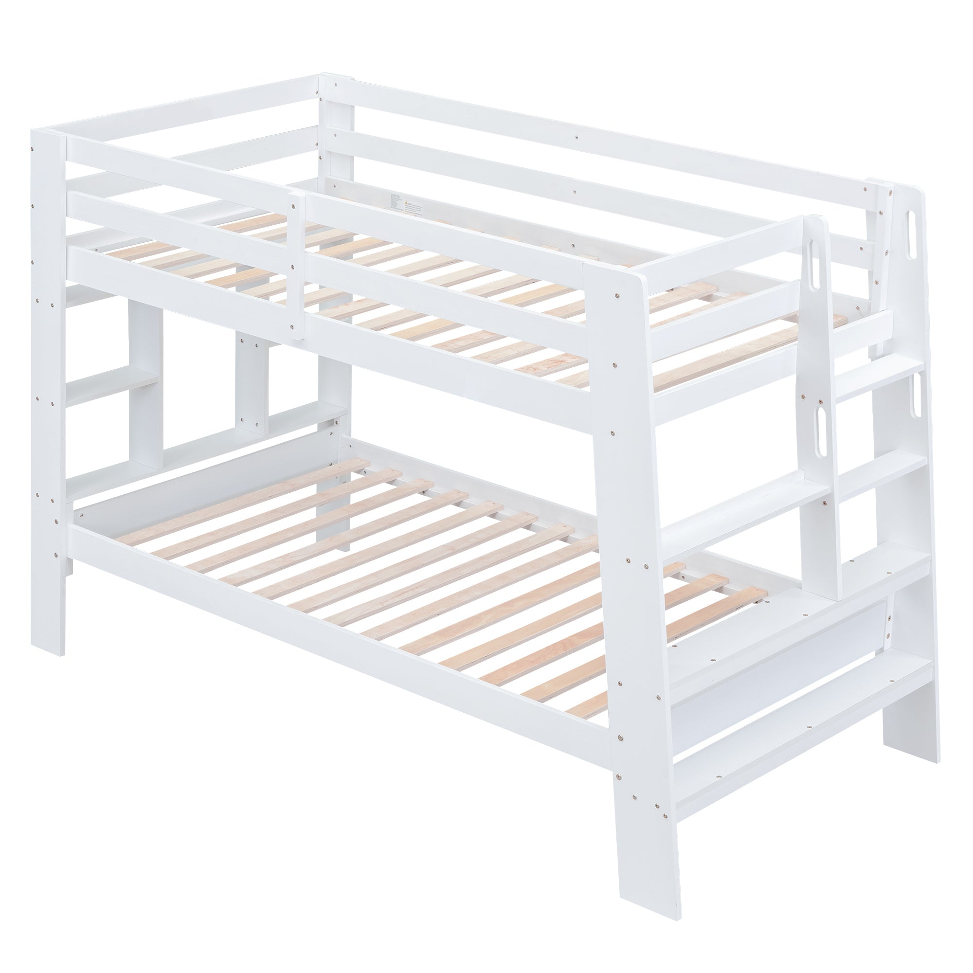 Twin over Twin Bunk Bed with Shelves and Built-in Ladder, White