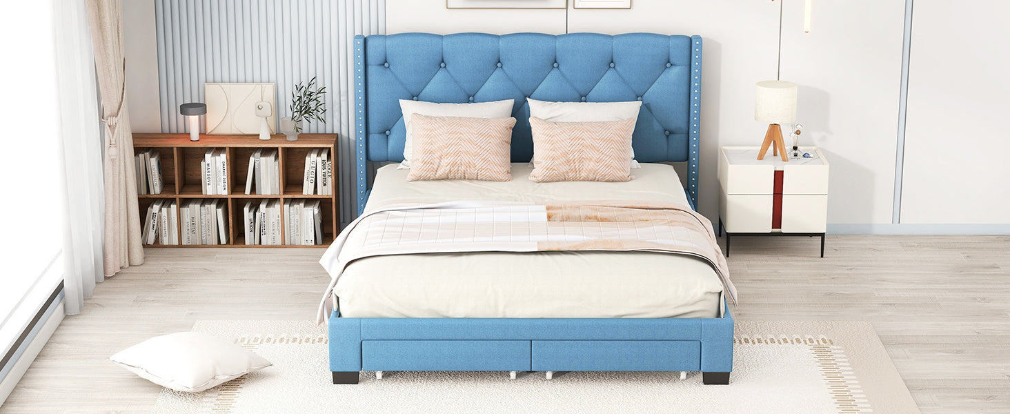 Queen Size Storage Bed Linen Upholstered Platform Bed with Two Drawers - Blue