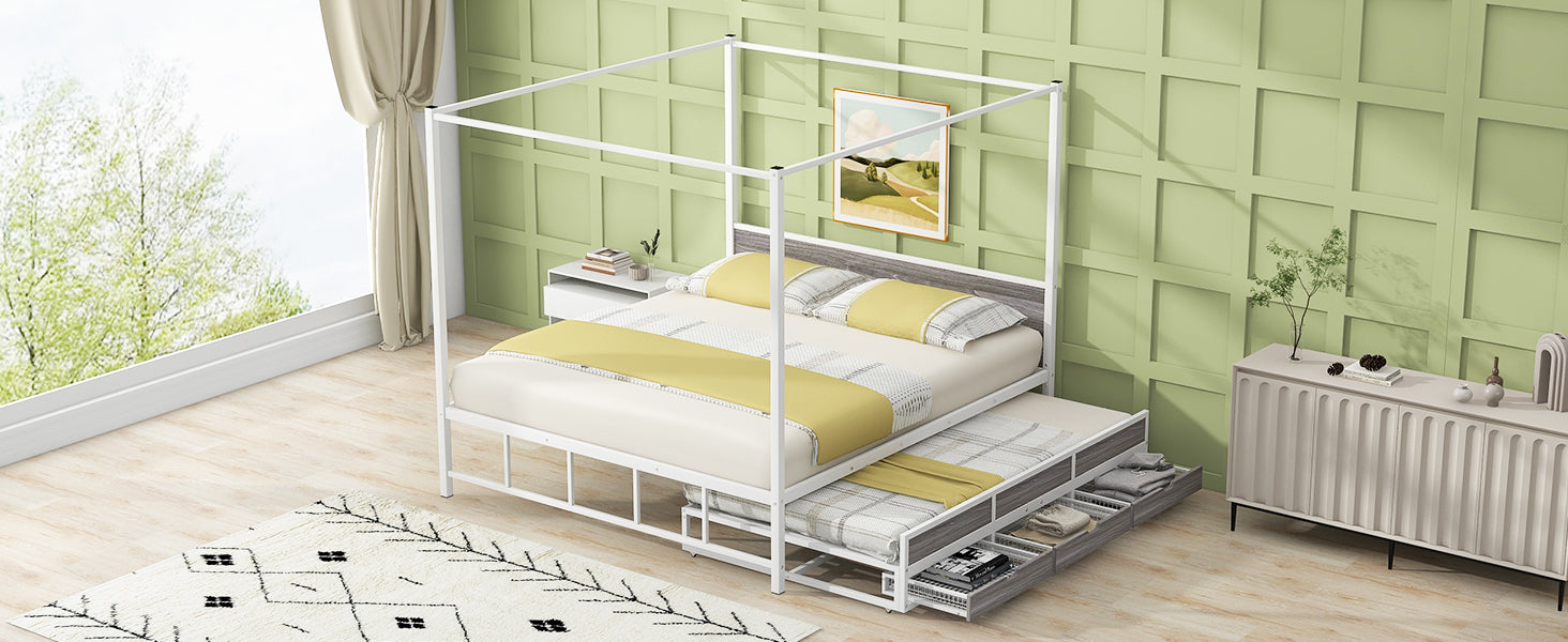 Queen Size Metal Canopy Platform Bed with Twin Size Trundle and 3 Storage Drawers, White