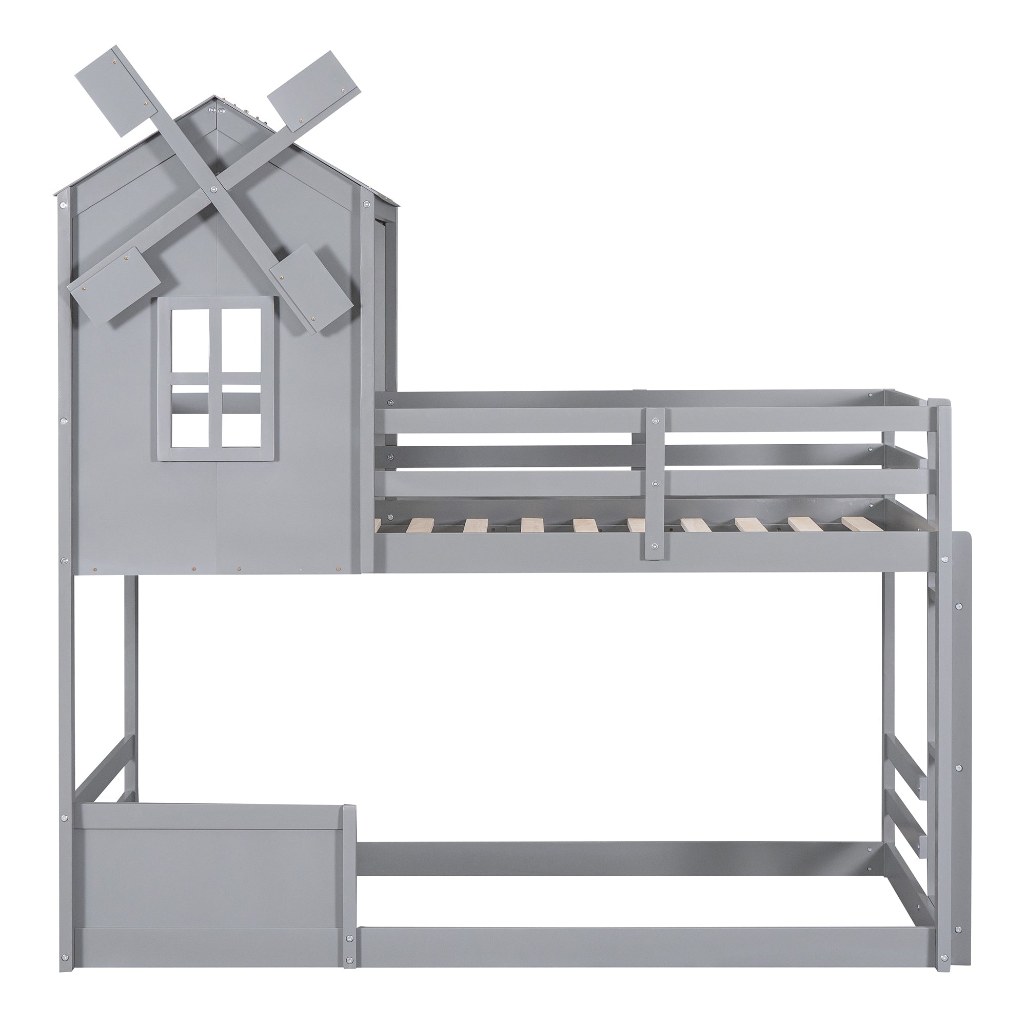 Twin over Twin Bunk Bed with Roof and Window, with Guardrails and Ladder, Gray
