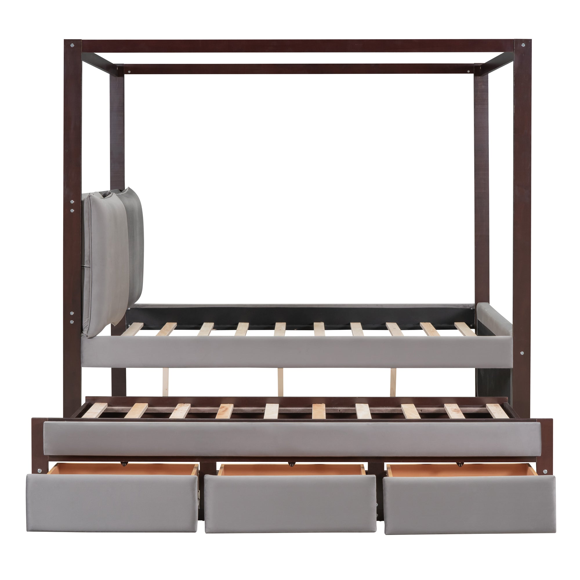Full Size Upholstered Canopy Bed with Trundle and 3 Drawers, Gray