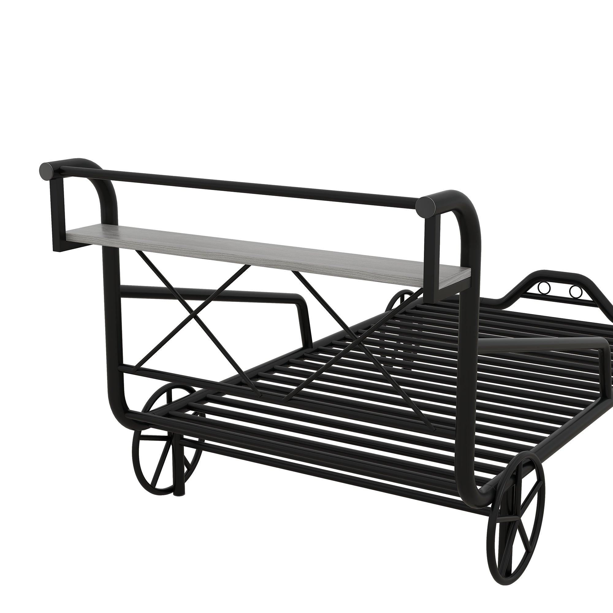 Twin Size Metal Car Bed with Four Wheels, Guardrails and X-Shaped Frame Shelf, Black(Old SKU: MF297599AAB)