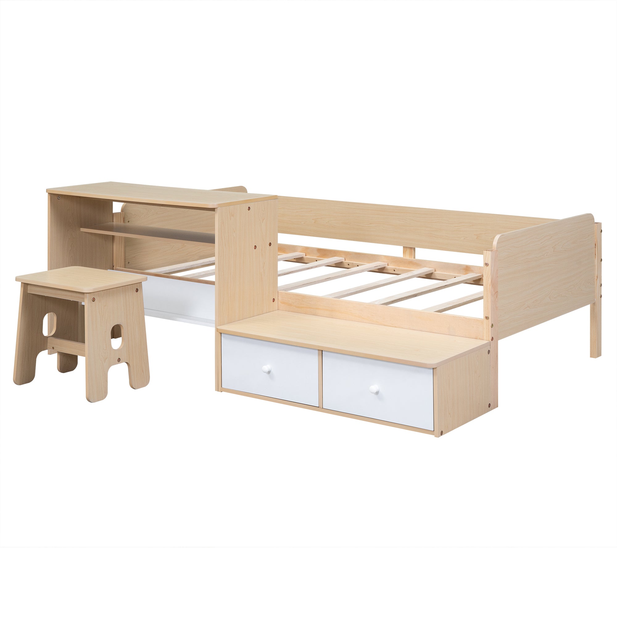 Wood Twin Size Platform Bed with 2 Drawers and 1 Chair&Desk Set, Natural+White(Expected Arrival Time: 11.22)