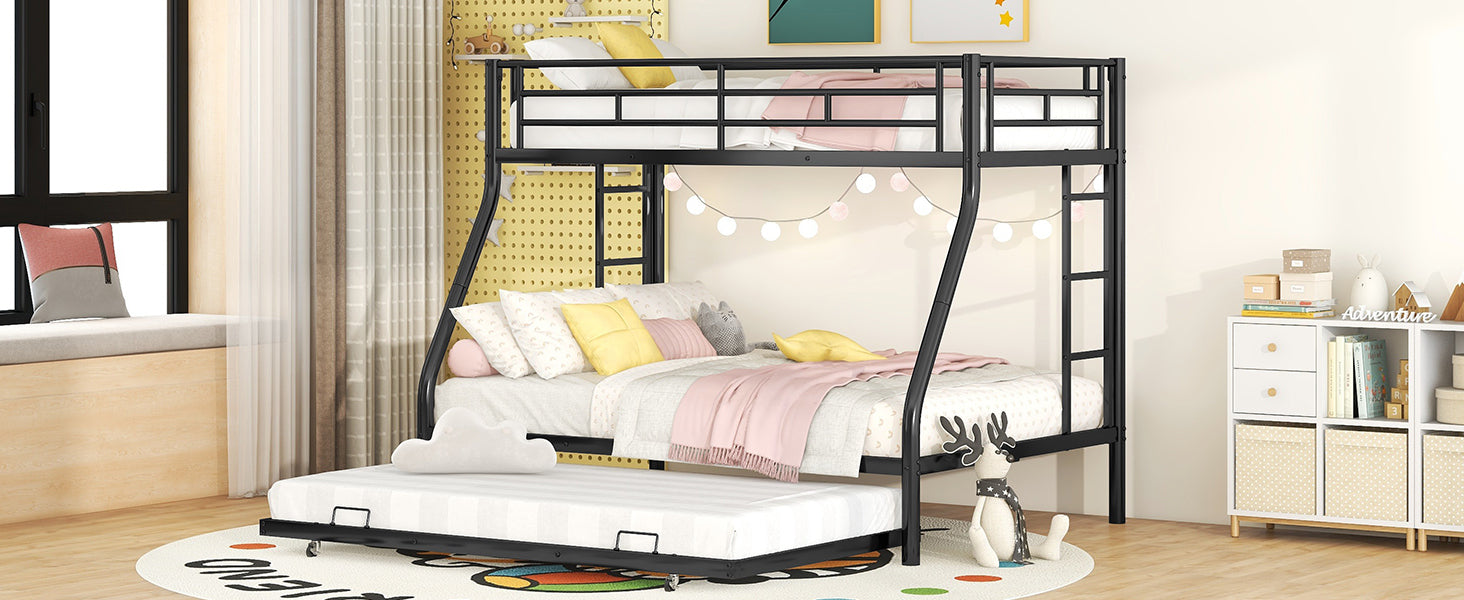 Twin over Full Bed with Sturdy Steel Frame, Bunk Bed with Twin Size Trundle, Two-Side Ladders, Black