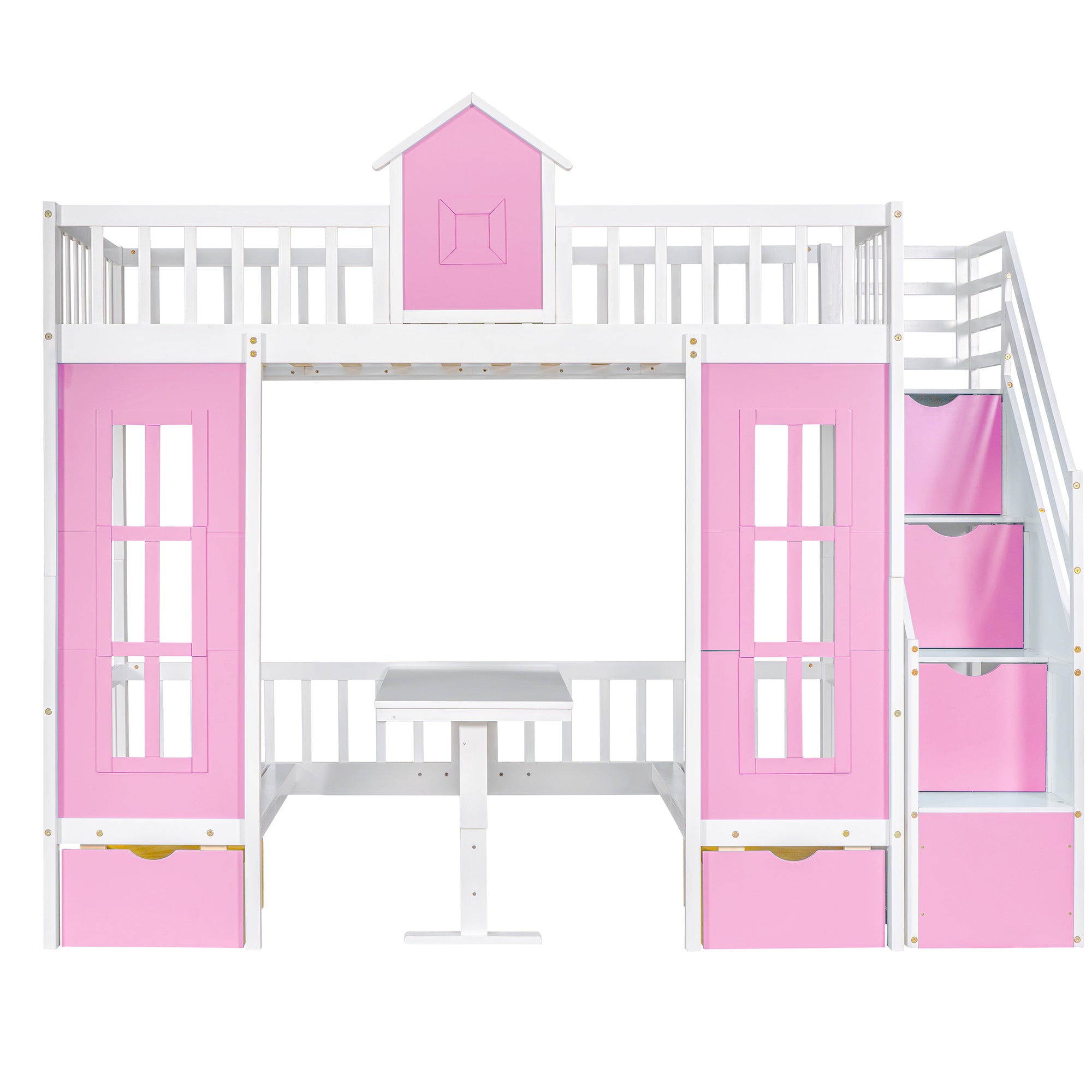 Twin-Over-Twin Bunk Bed with Changeable Table , Bunk Bed Turn into Upper Bed and Down Desk with 2 Drawers - Pink