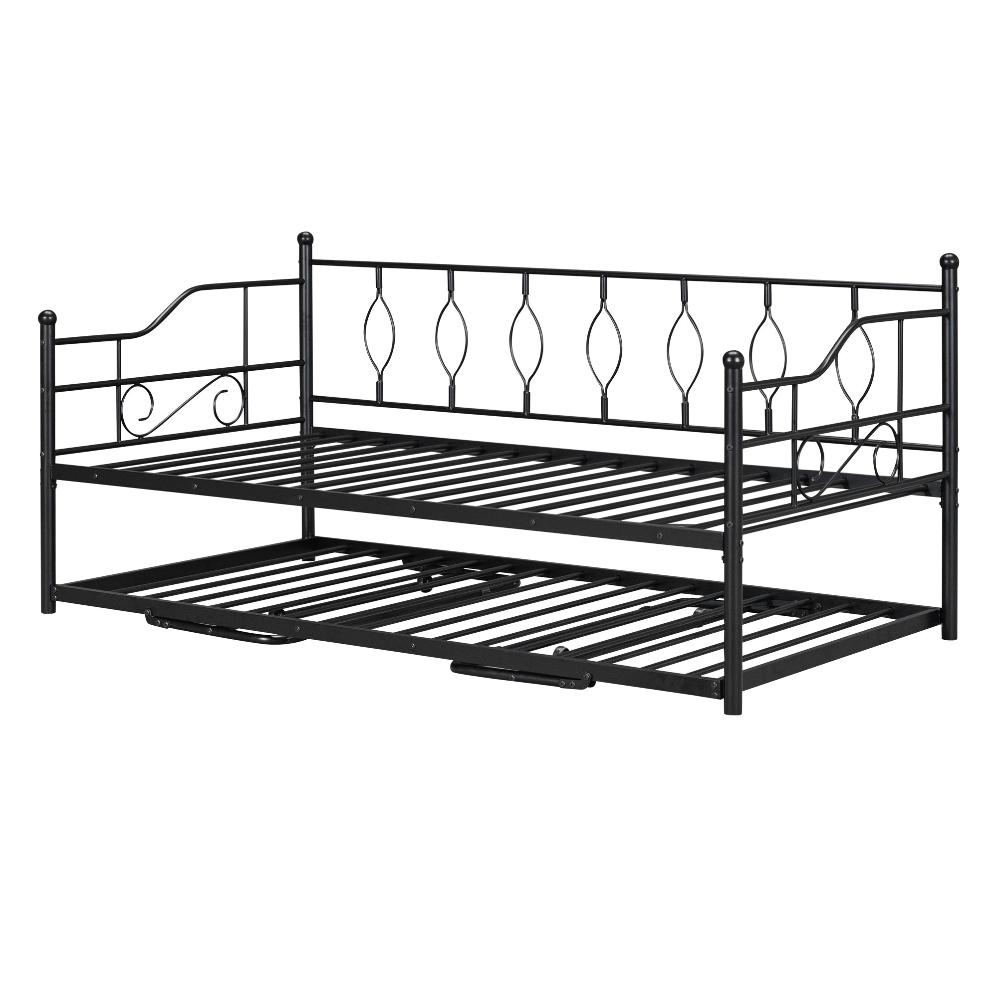 Twin Size Metal Daybed with Twin Size Adjustable Trundle, Portable Folding Trundle, Black