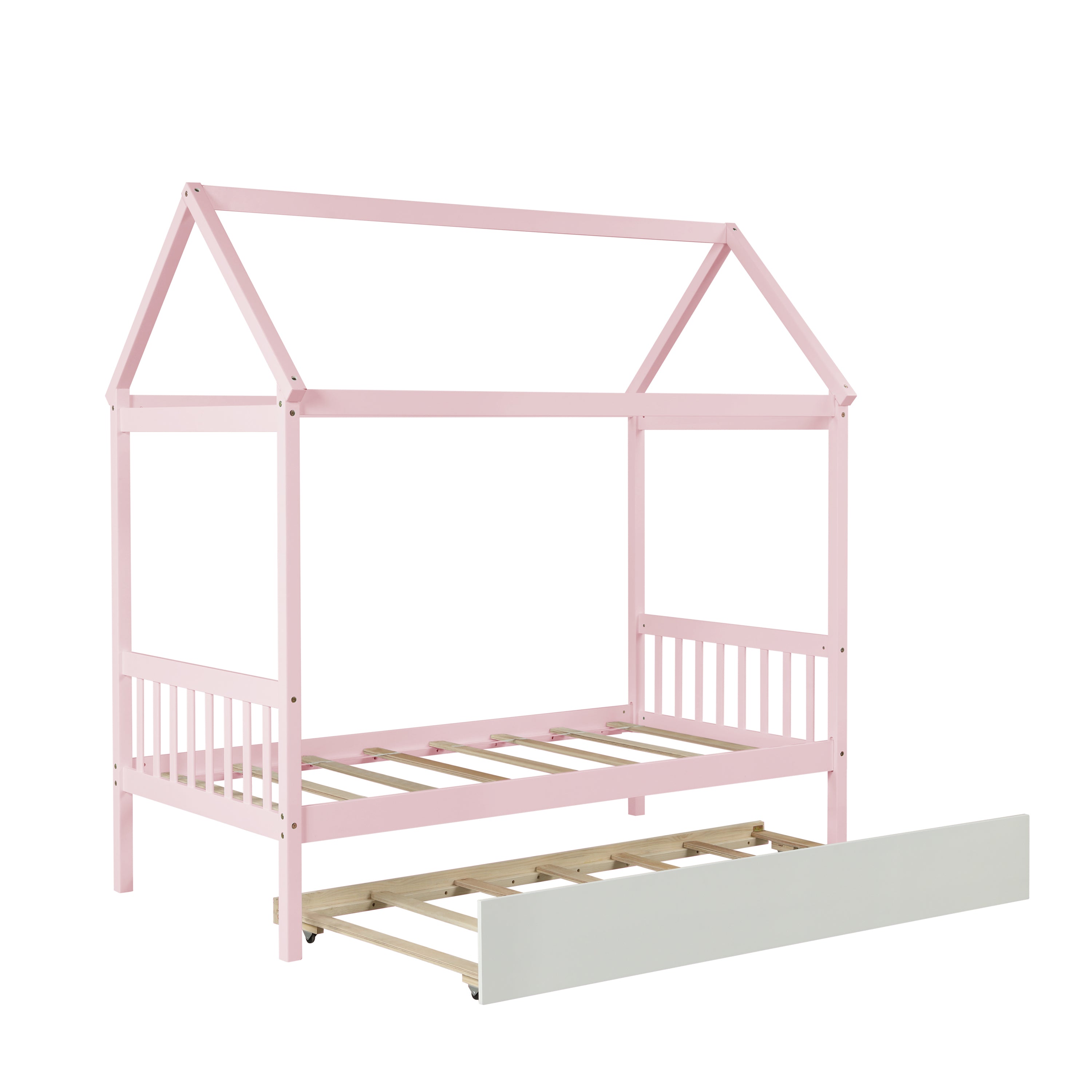 Solid Wood Twin House Bed Frame with Twin Size Trundle For Warm Pink Color, No Box Spring Needed